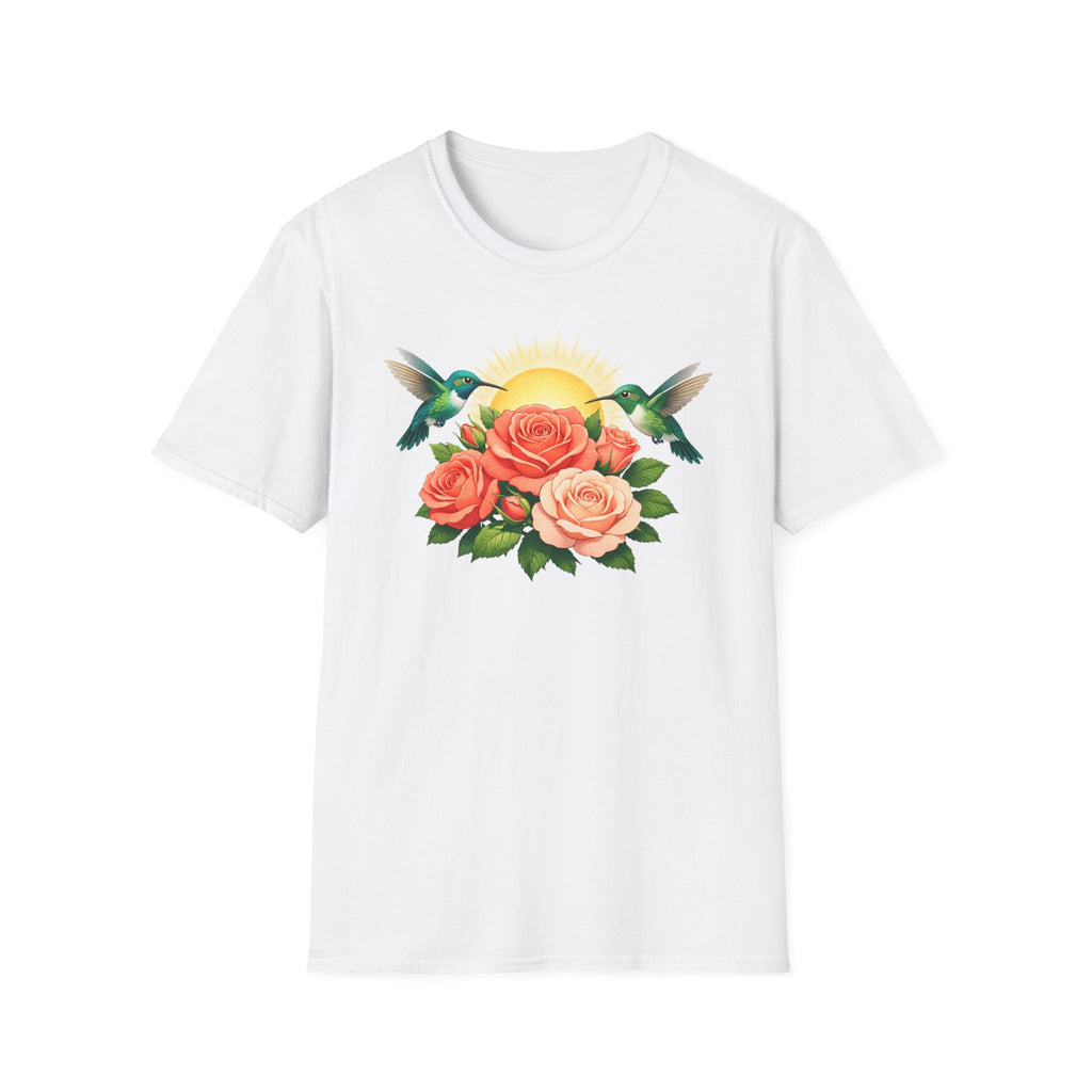 Floral Sunrise T-Shirt — Hummingbirds & Roses Graphic Tee