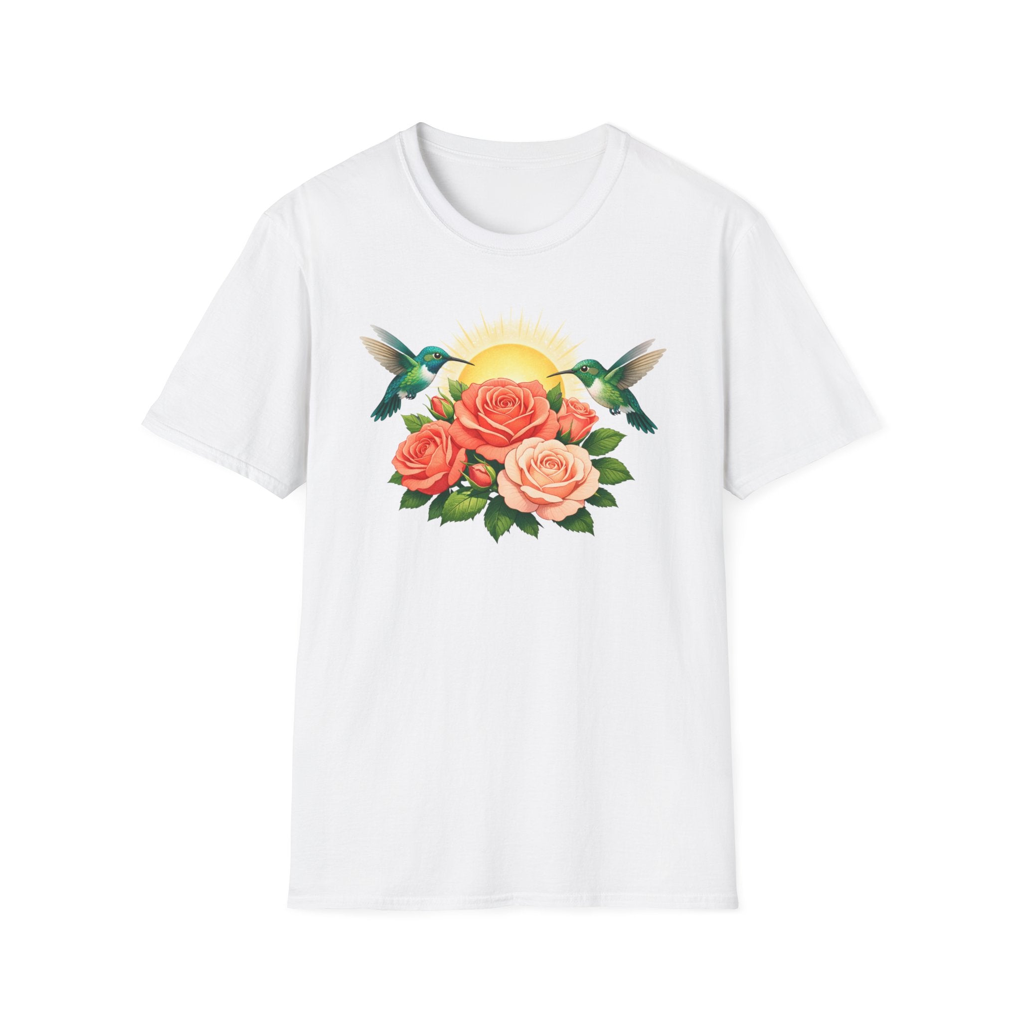Floral Sunrise T-Shirt — Hummingbirds & Roses Graphic Tee