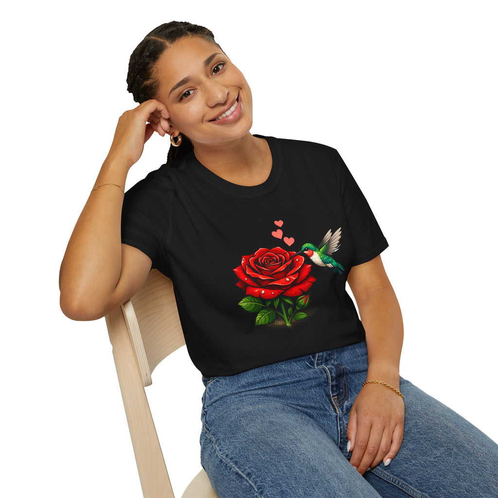 Hummingbird & Red Rose T-Shirt — Floral Bird Graphic Tee