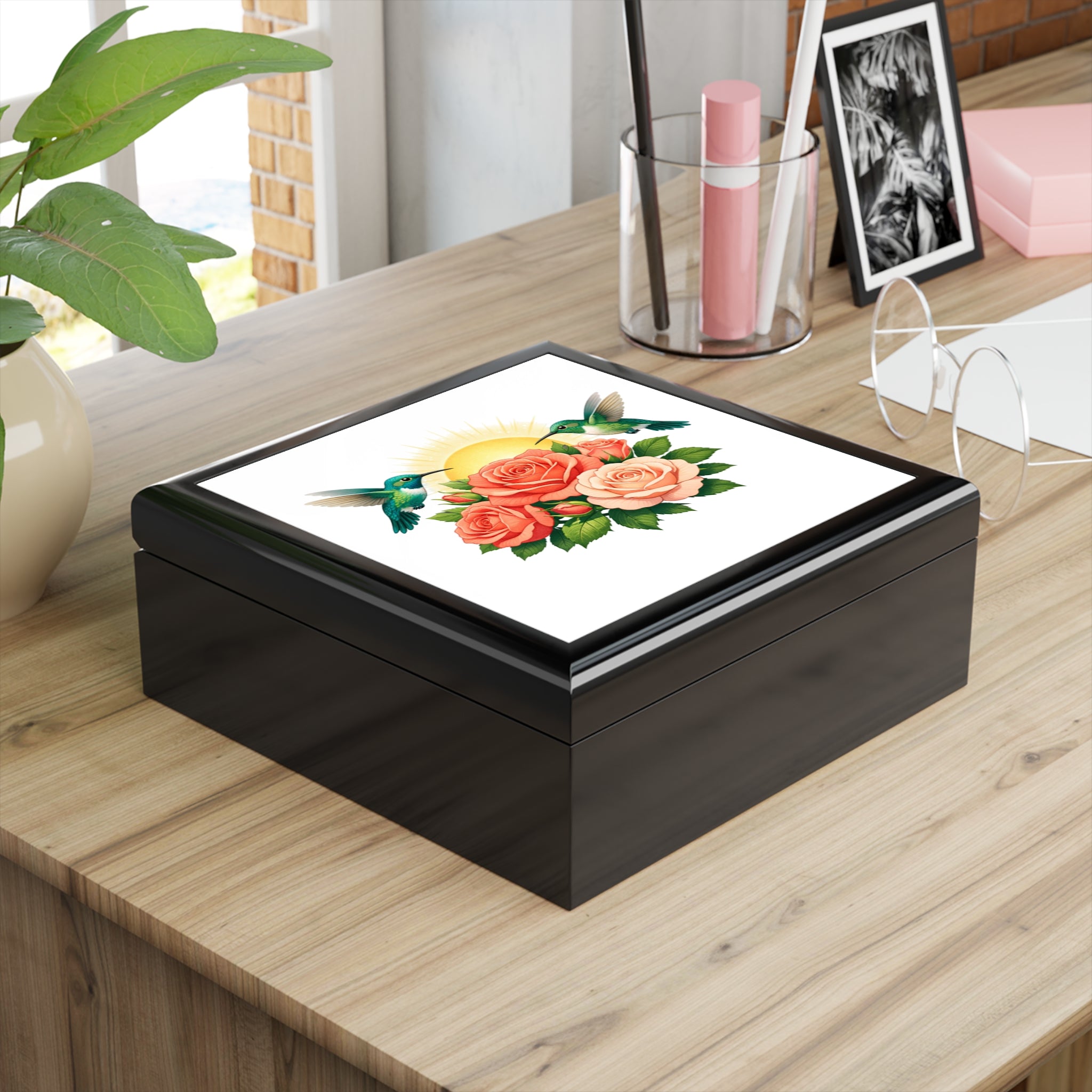 Sun & Peach Roses Jewelry Box with Hummingbird Motif