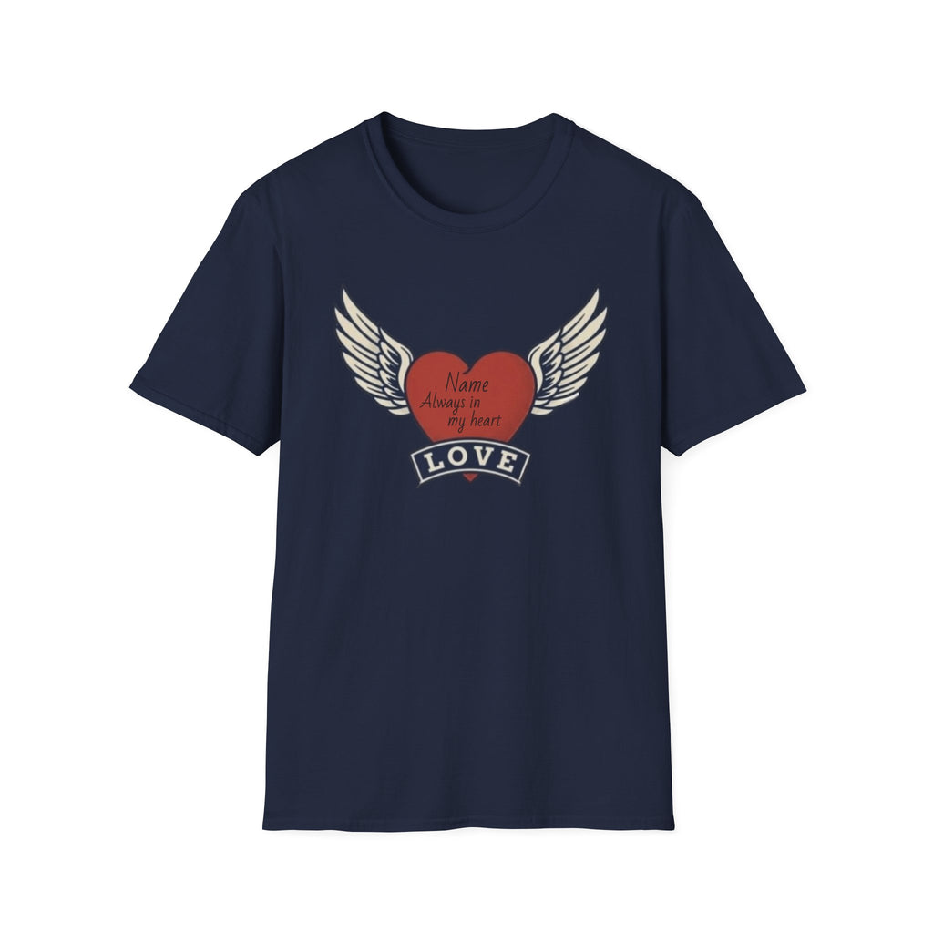 Memorial Heart Wings T-Shirt — Personalized 'Love, Remember' with Name & Date