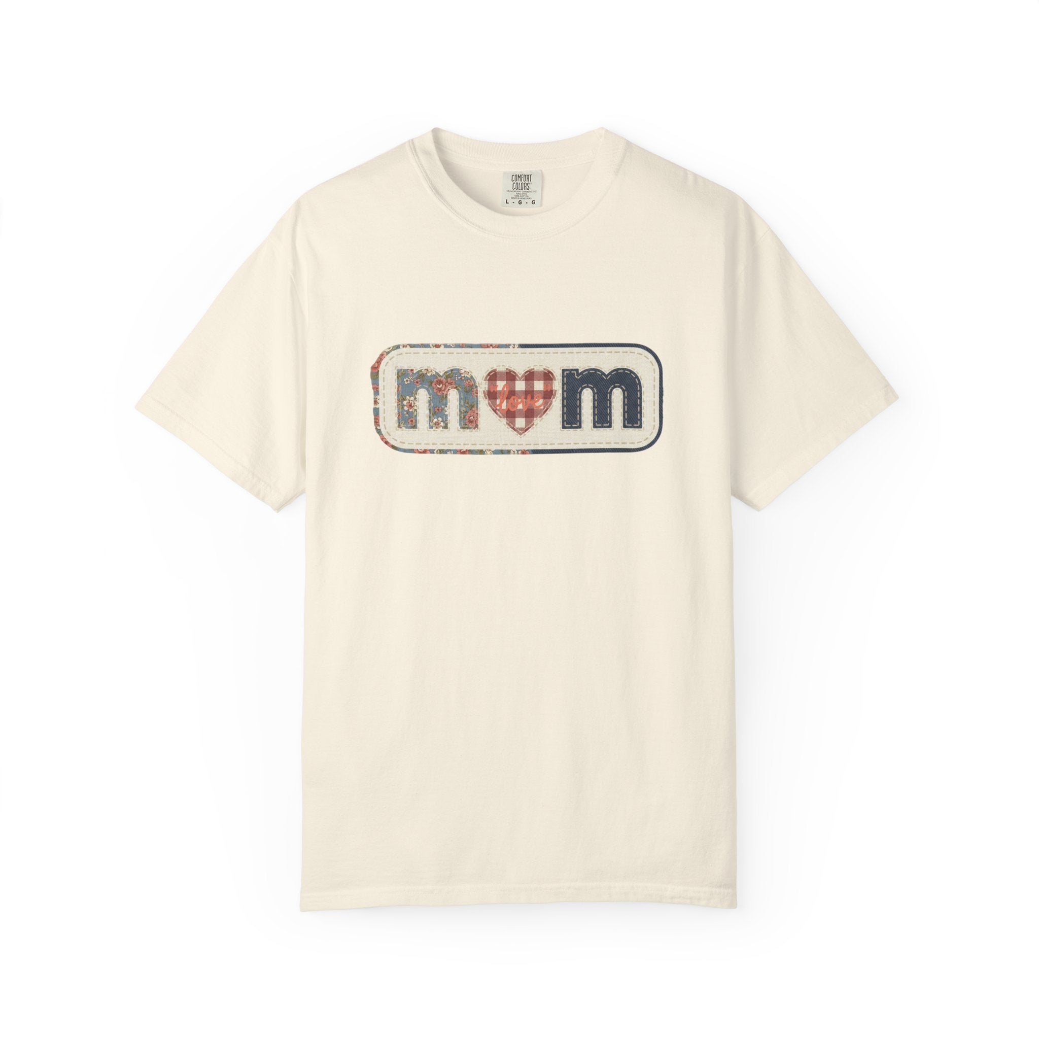 Mom  Faux Patch T-Shirt —Faux Plaid Heart Vintage Mom Tee