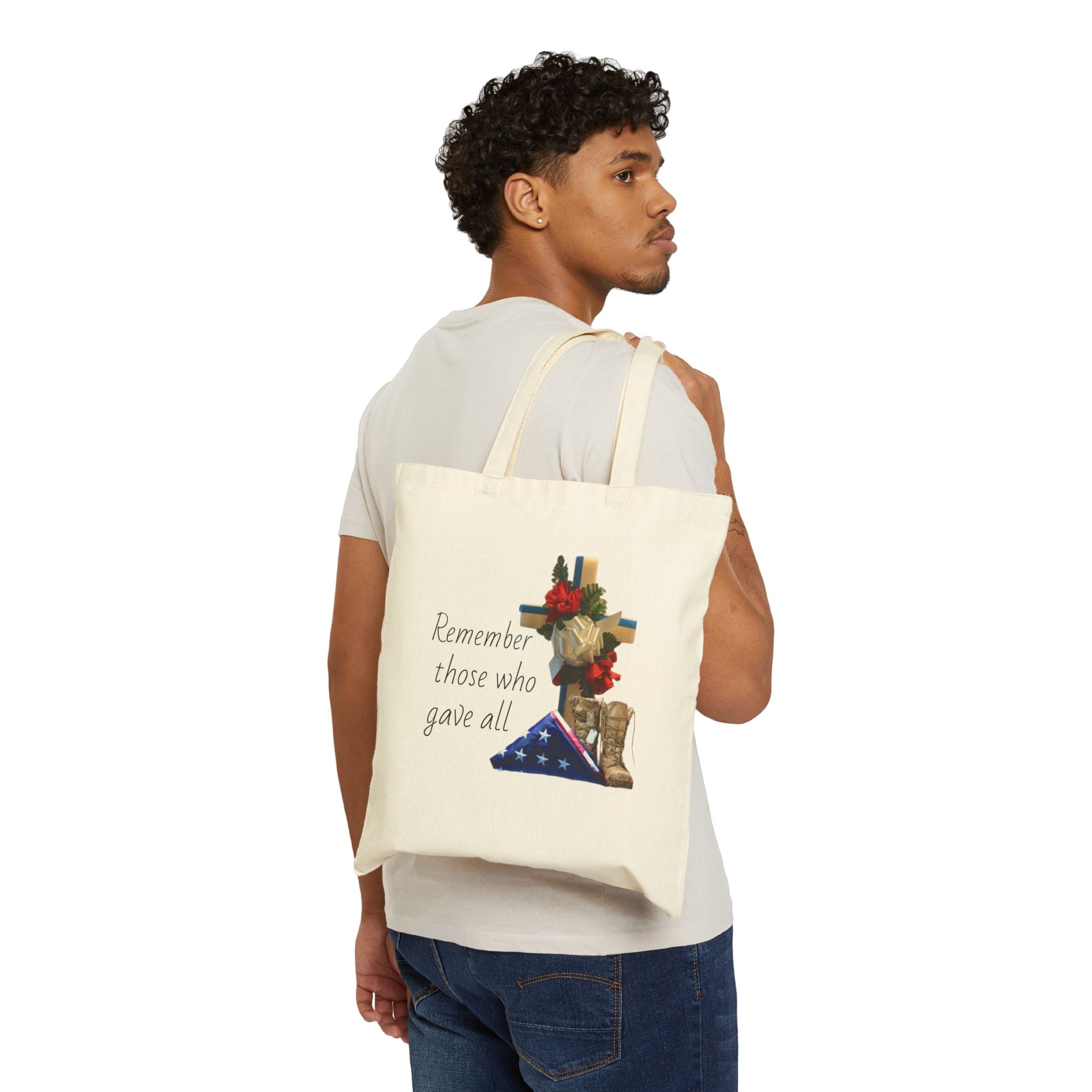 Memorial Tribute Tote Bag — Folded Flag, Combat Boots & Cross with Red Roses