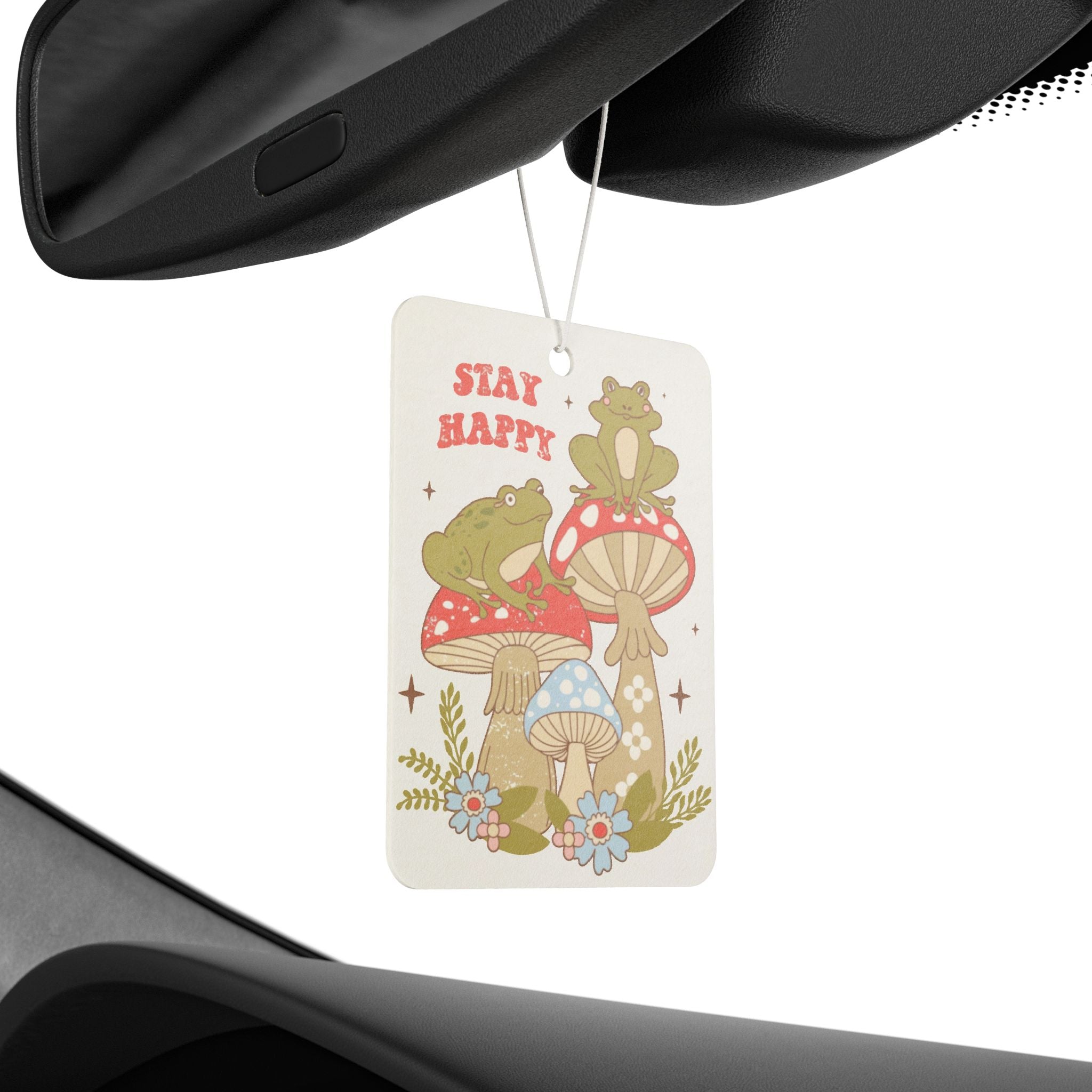 Stay Happy Mushroom Car Air Freshener — Cute Frog & Toadstool Scented Charm