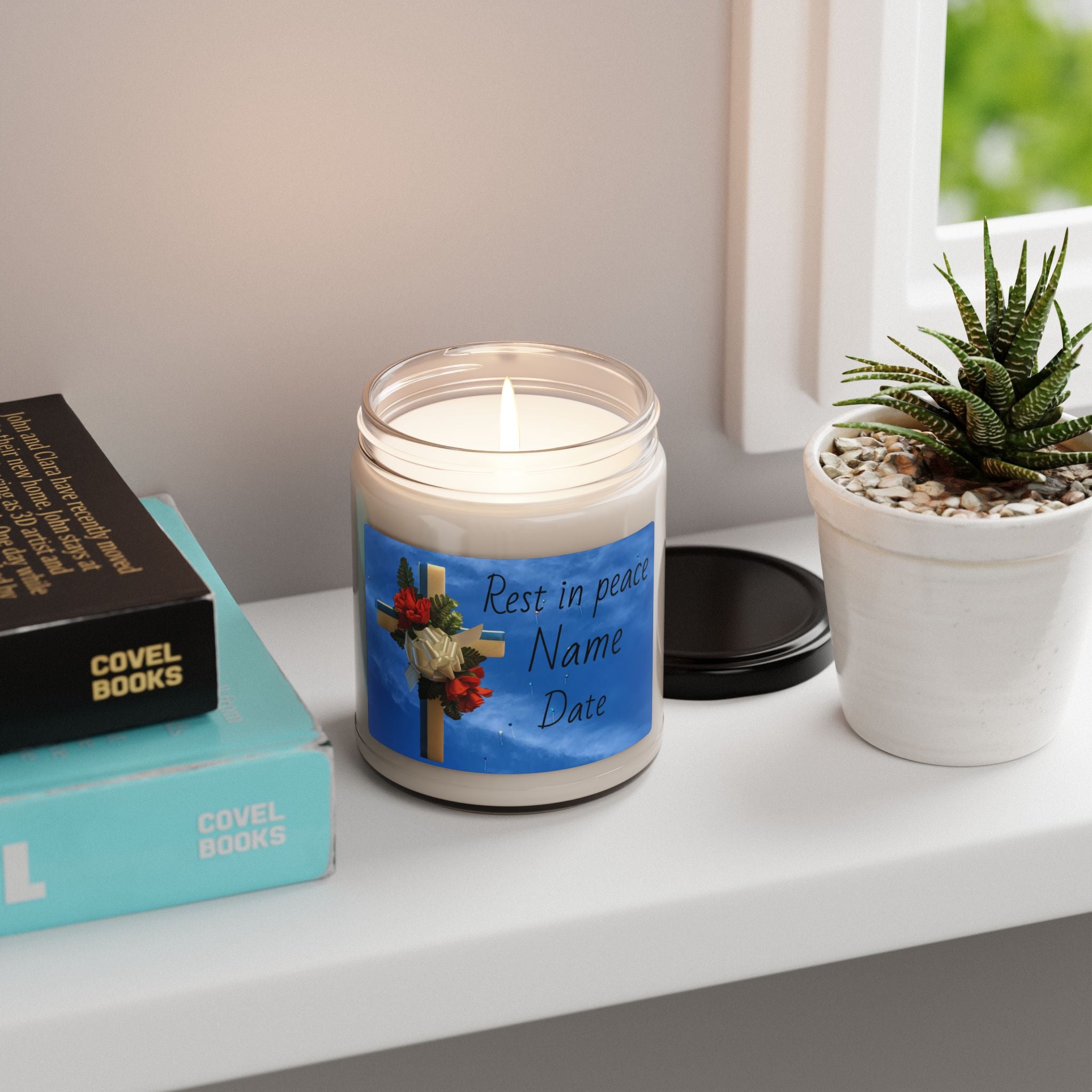 Memorial Soy Candle — Cross with Roses "Rest in Peace" (Personalize Name & Date)