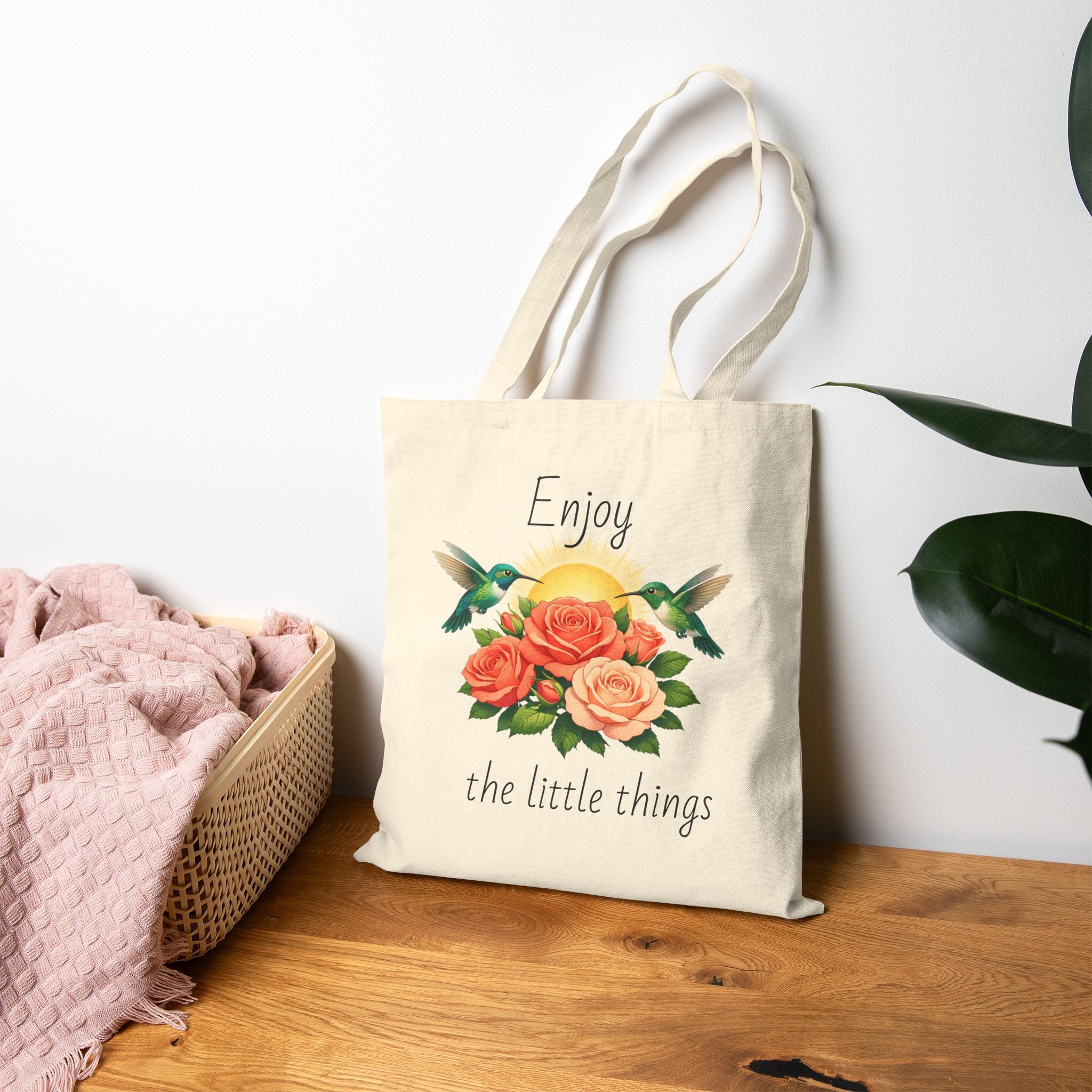 Floral 'Enjoy' Canvas Tote Bag — Vintage Rose and hummingbird Market Tote