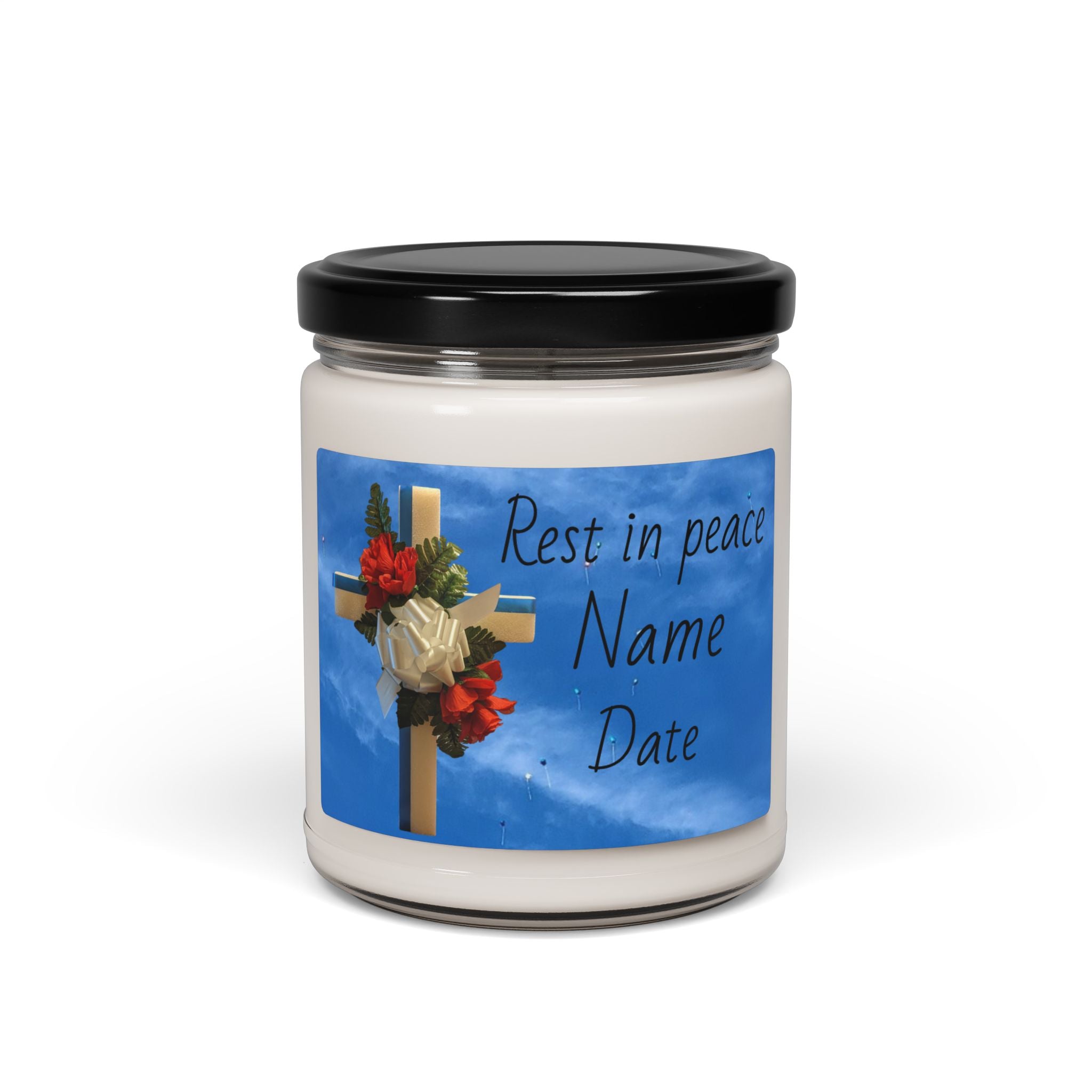 Memorial Soy Candle — Cross with Roses "Rest in Peace" (Personalize Name & Date)