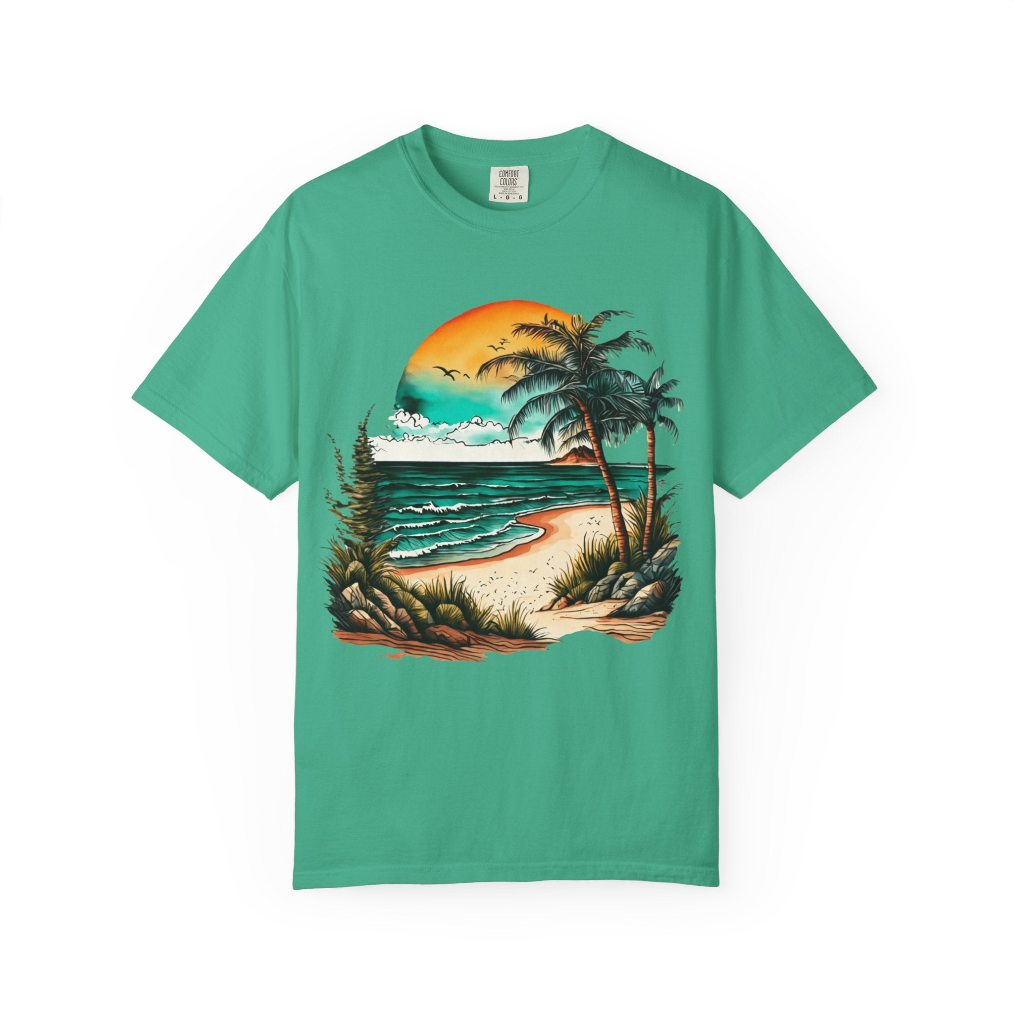 Beach Sunset T-Shirt — Vintage Tropical Palm Surf Graphic