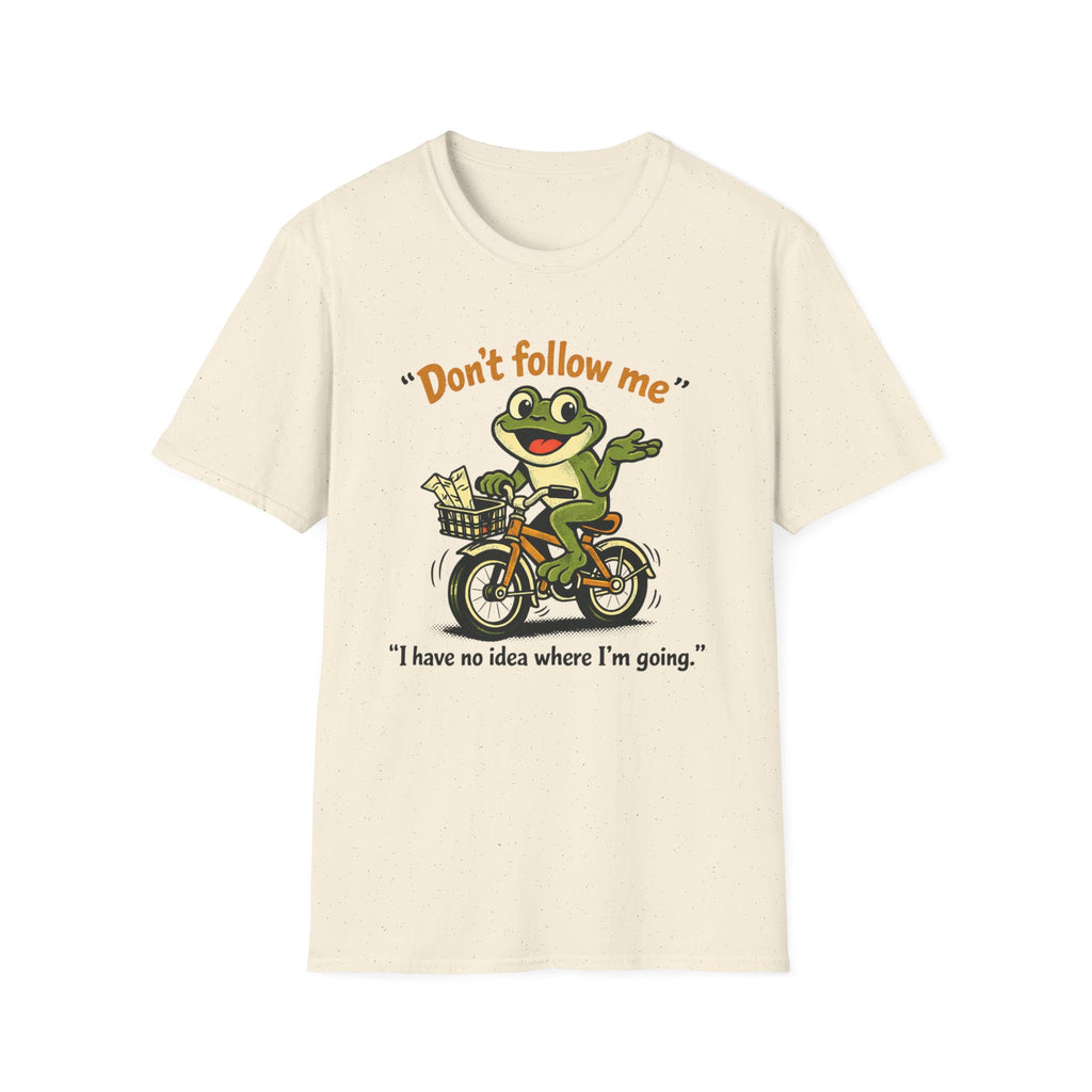 Frog on Bike T-Shirt — “Don't follow me, I have no idea where I'm going” Graphic Tee