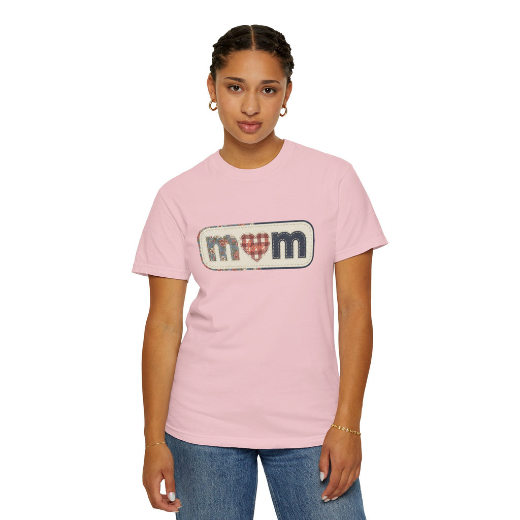 Mom  Faux Patch T-Shirt —Faux Plaid Heart Vintage Mom Tee