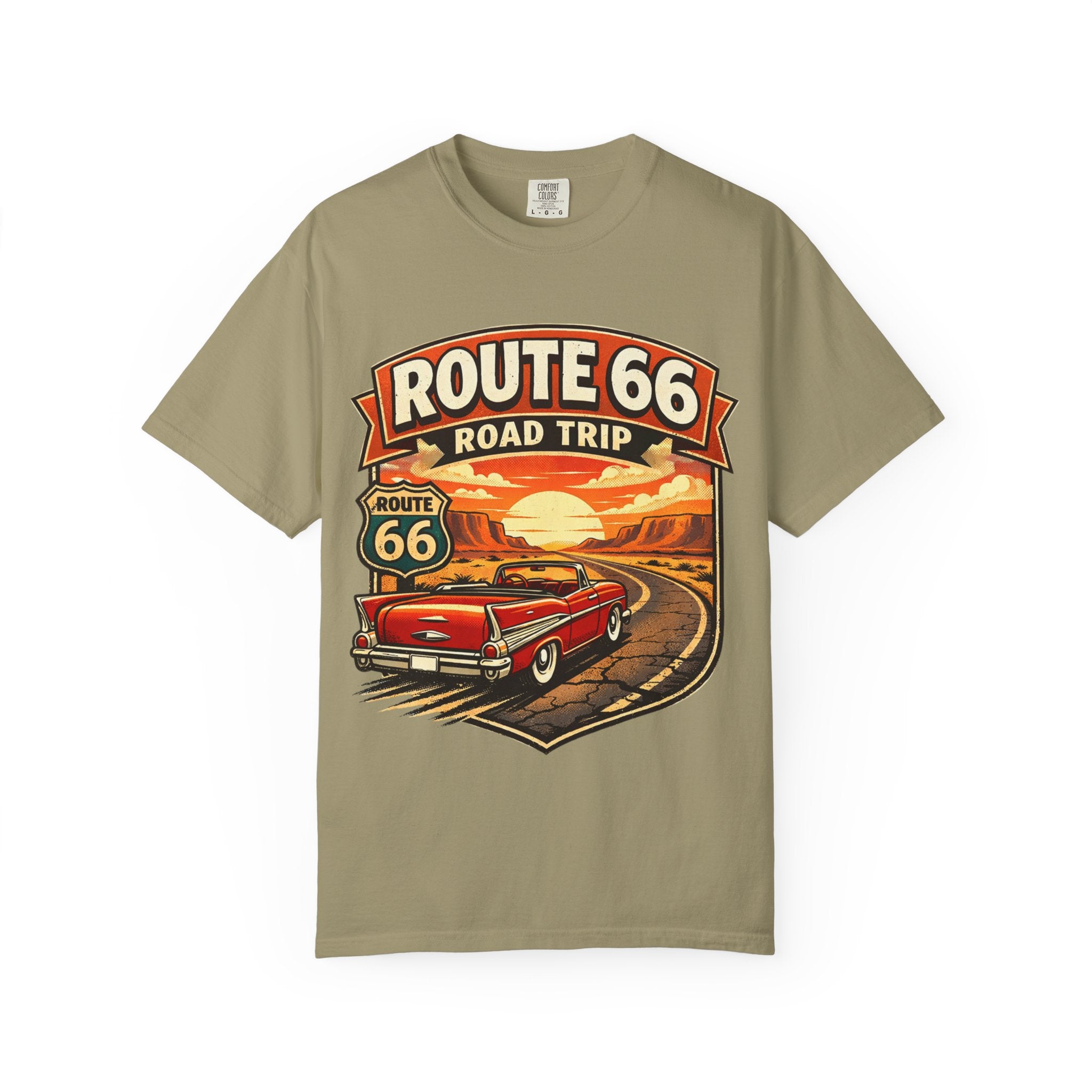 Route 66 Road Trip T-Shirt — Vintage Sunset Classic Car Tee