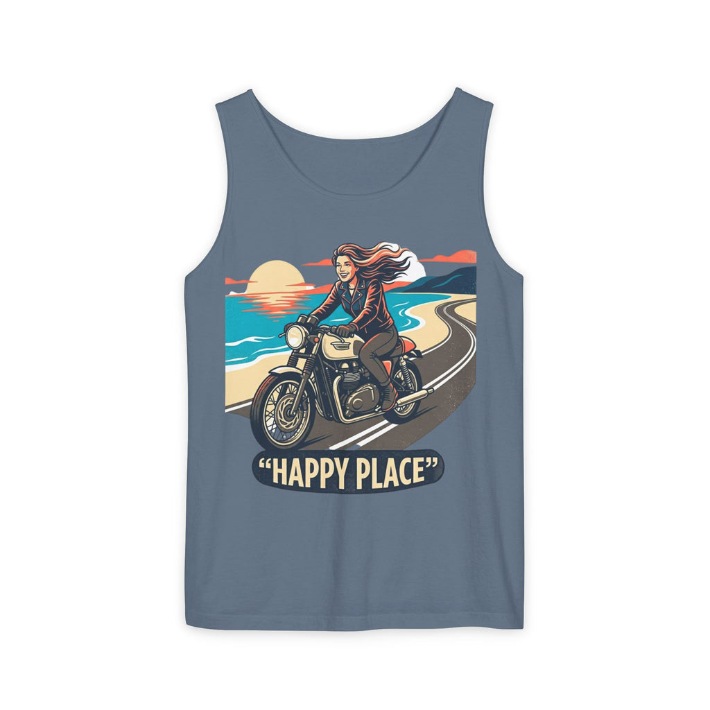 Motorcycle Tank Top — "Happy Place" Beach Ride Graphic Tank