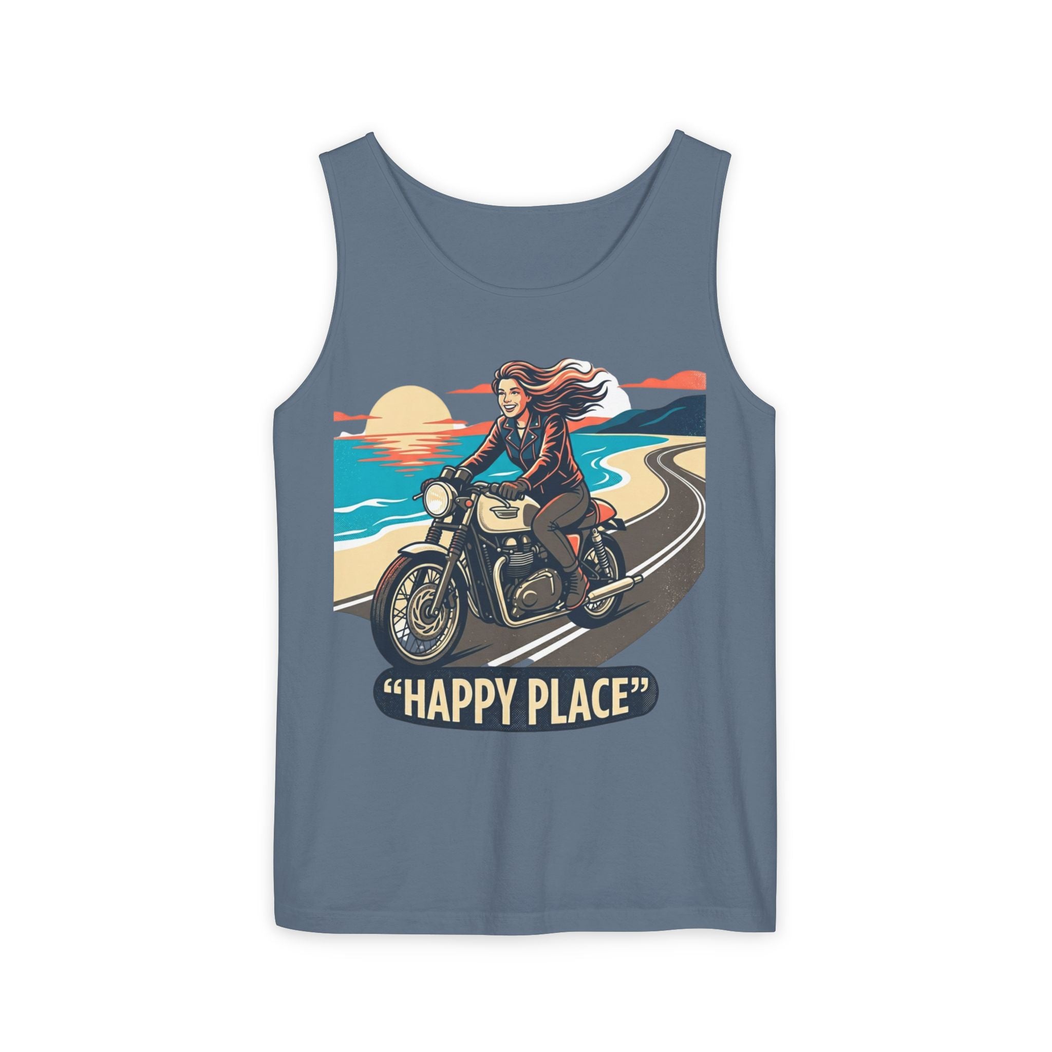 Motorcycle Tank Top — "Happy Place" Beach Ride Graphic Tank