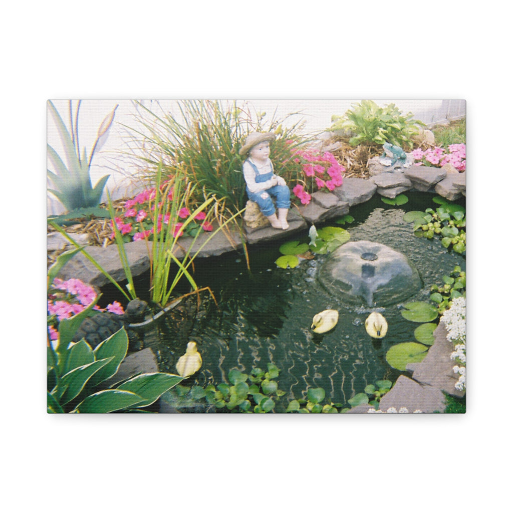 Garden Pond Canvas Wall Art — Tranquil Koi Fountain with Boy Statue, Matte Stretched 1.25"