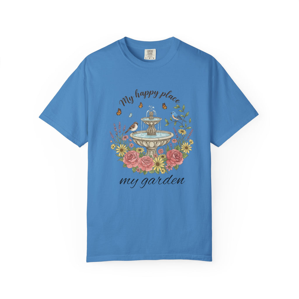 Garden T-Shirt — “My Happy Place My Garden” Floral Fountain Tee
