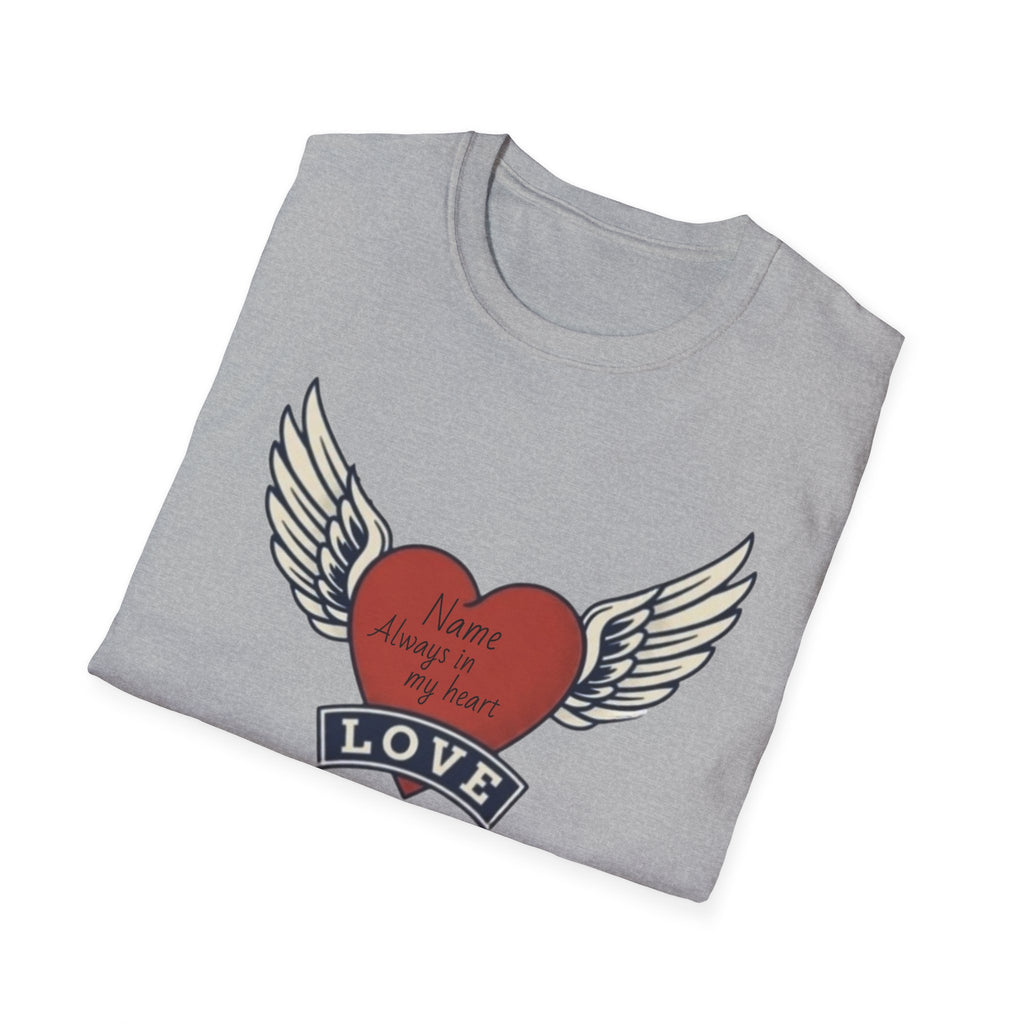 Memorial Heart Wings T-Shirt — Personalized 'Love, Remember' with Name & Date