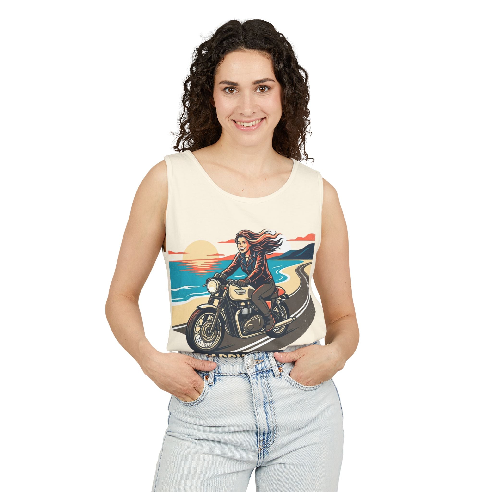 Motorcycle Tank Top — "Happy Place" Beach Ride Graphic Tank