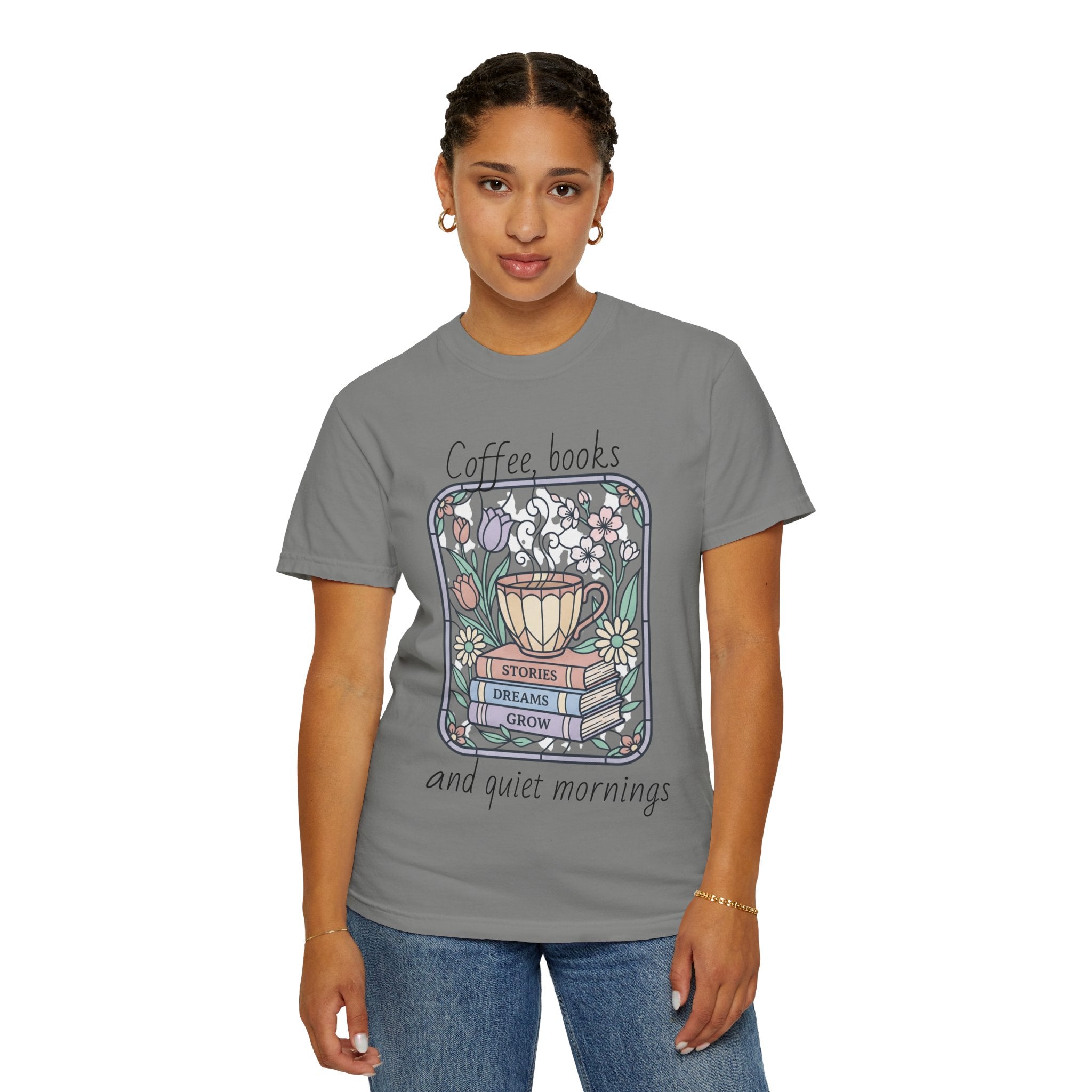 Coffee & Books Morning T-Shirt — Pastel Quiet Mornings Tee