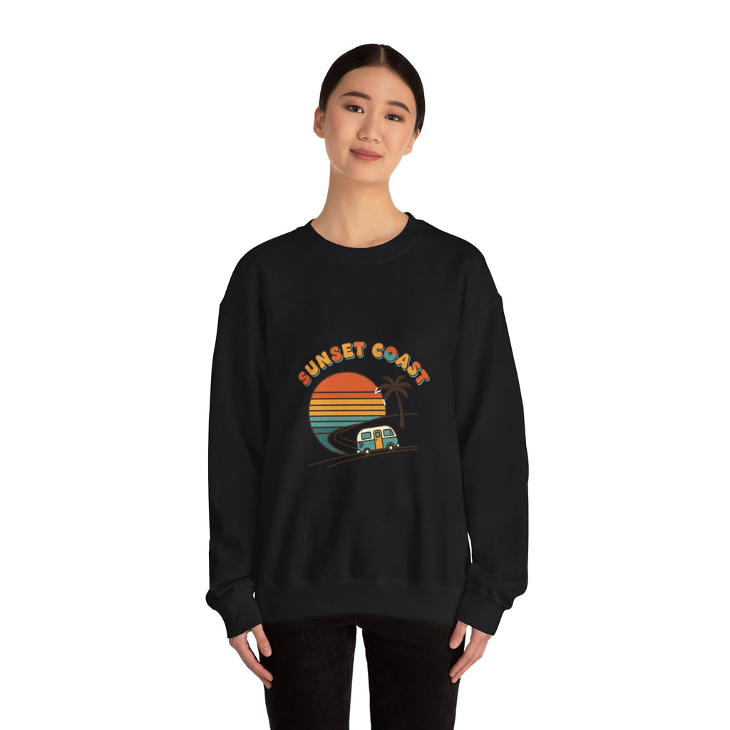 Sunset Coast Camper Crewneck Sweatshirt | 70s Sunset, Retro Surf Graphic