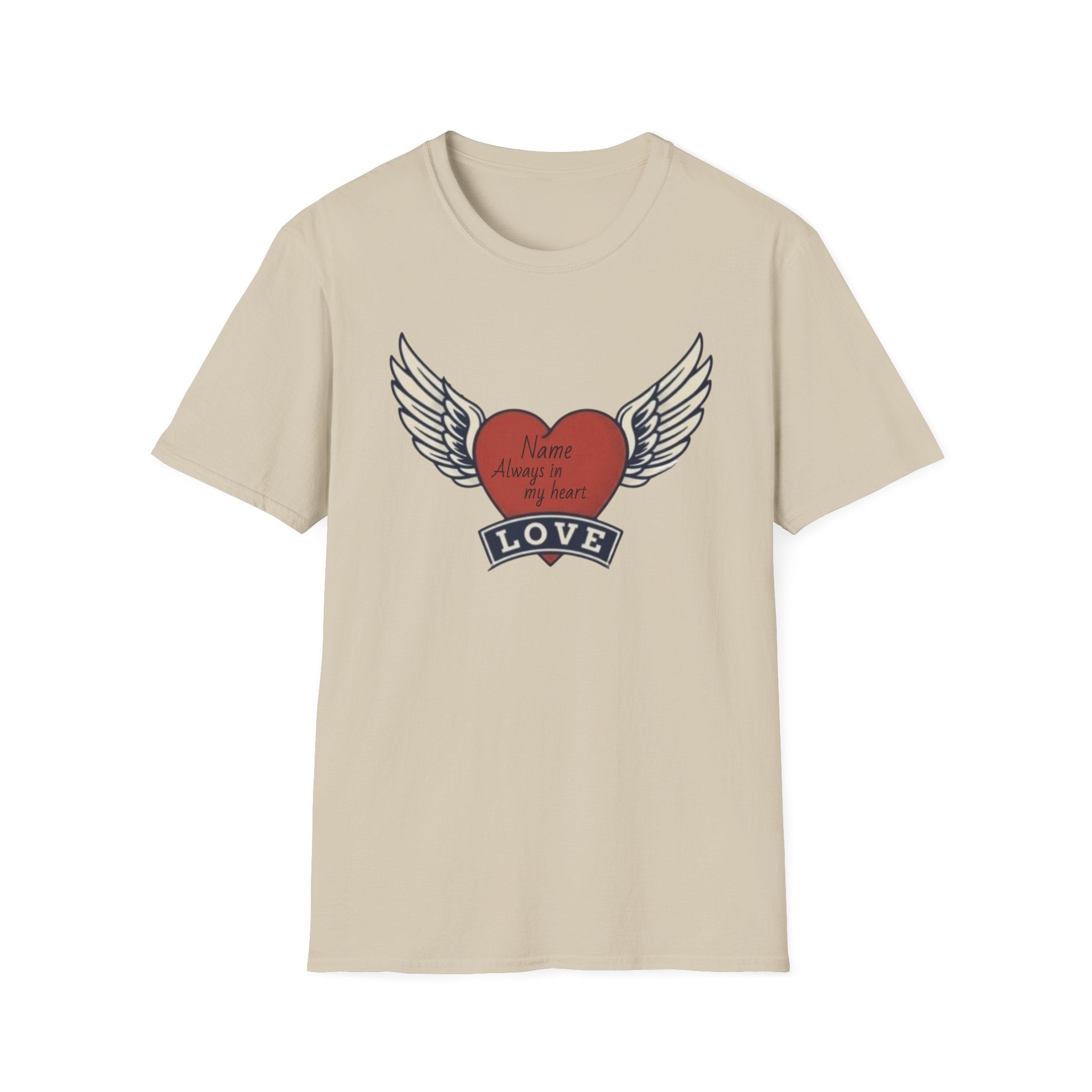 Memorial Heart Wings T-Shirt — Personalized 'Love, Remember' with Name & Date