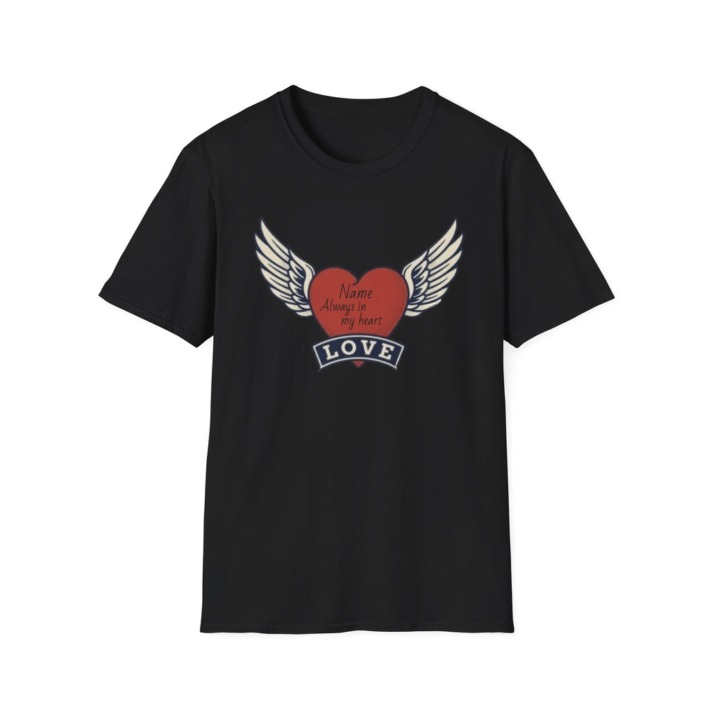 Memorial Heart Wings T-Shirt — Personalized 'Love, Remember' with Name & Date