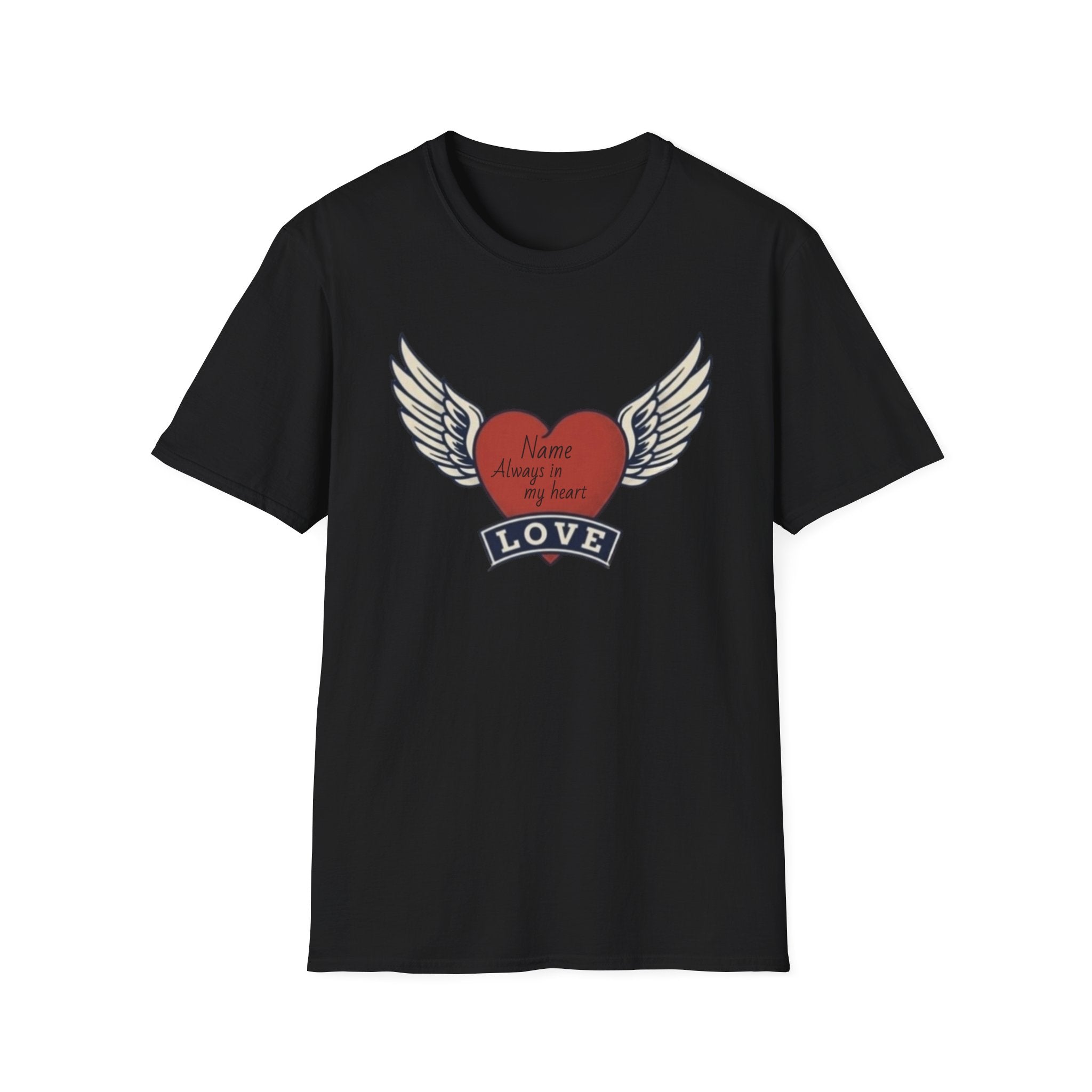 Memorial Heart Wings T-Shirt — Personalized 'Love, Remember' with Name & Date