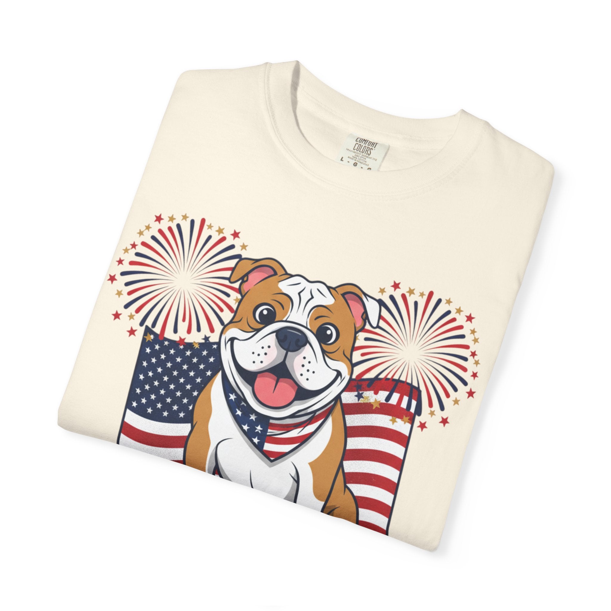 Patriotic Bulldog T-Shirt — “Happy 250th Birthday” American Flag Fireworks Tee