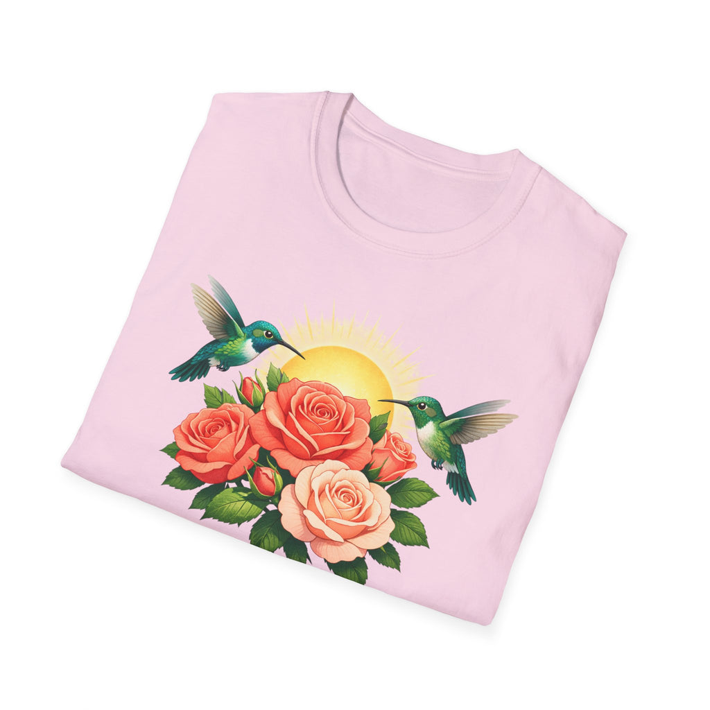 Floral Sunrise T-Shirt — Hummingbirds & Roses Graphic Tee