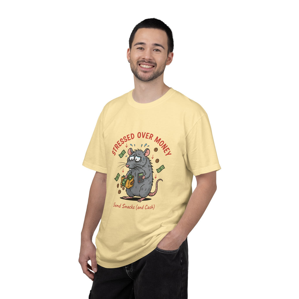 Stressed Over Money T-Shirt — Cute Snack-Loving Rat Graphic Tee