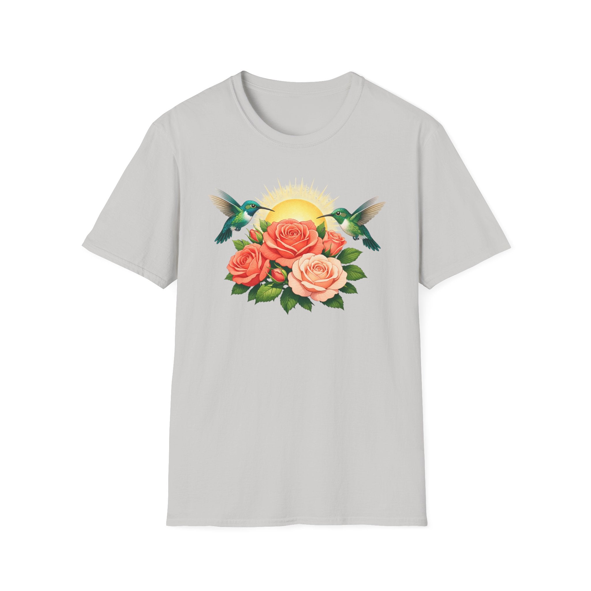 Floral Sunrise T-Shirt — Hummingbirds & Roses Graphic Tee