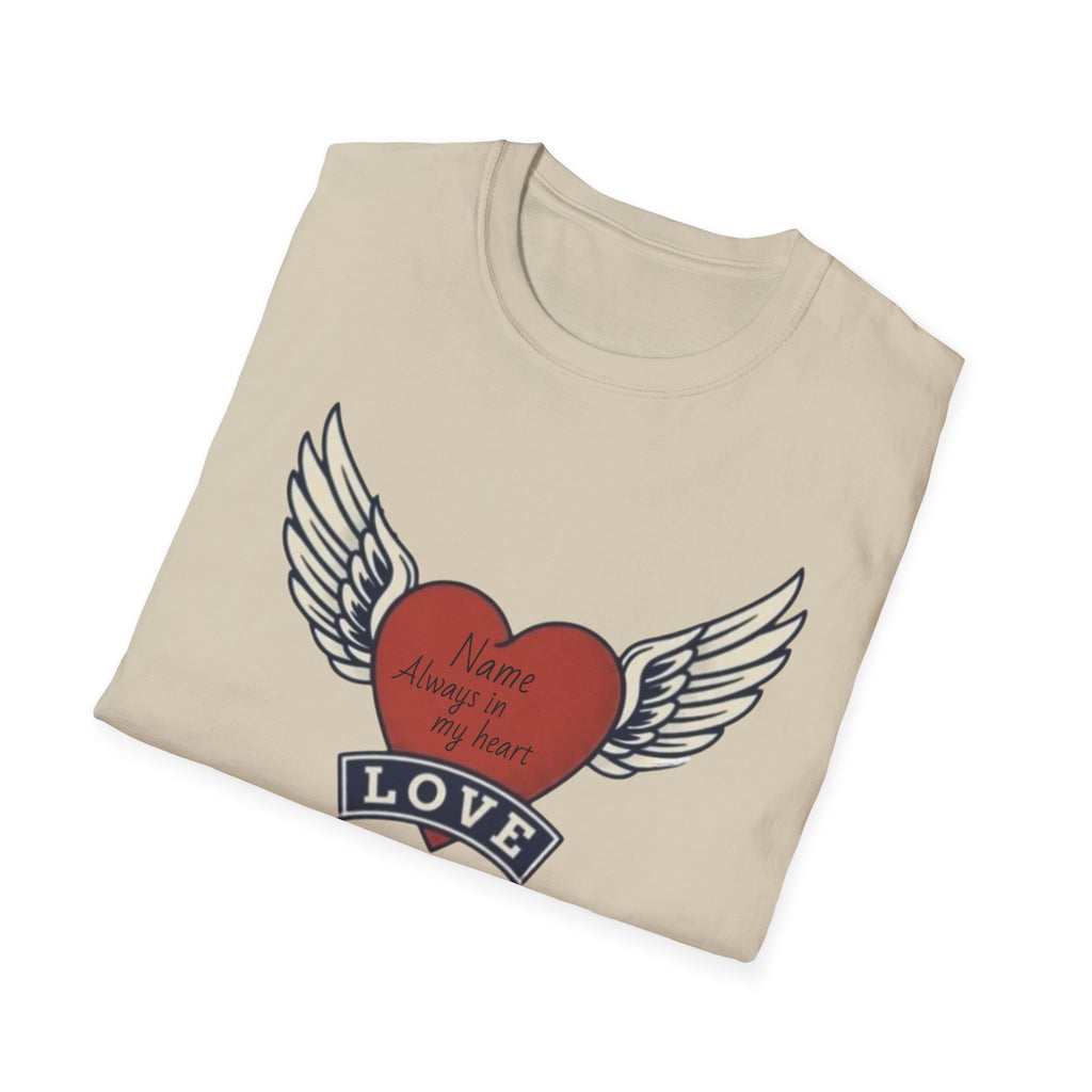 Memorial Heart Wings T-Shirt — Personalized 'Love, Remember' with Name & Date