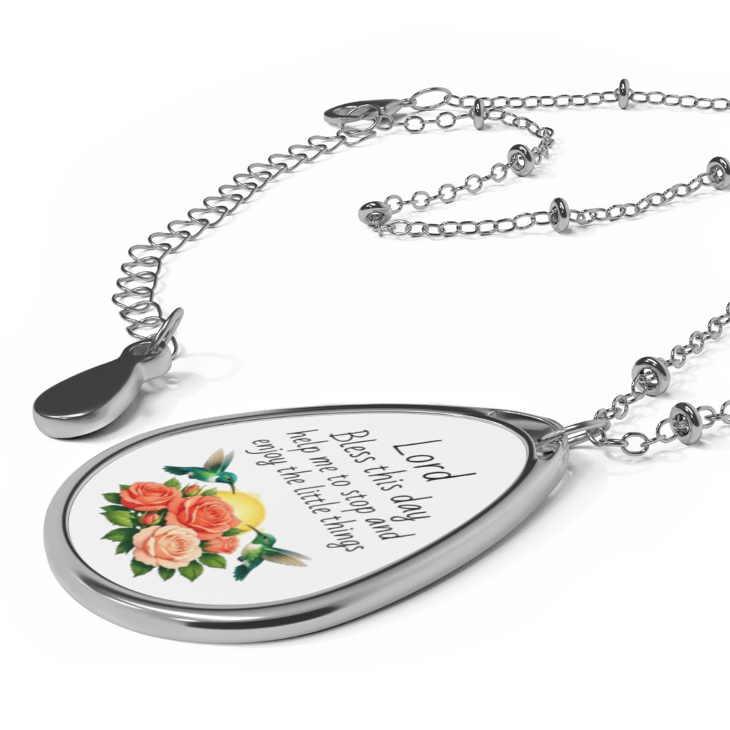 Oval Prayer Pendant Necklace — "Lord Bless this day" Floral Teardrop Necklace