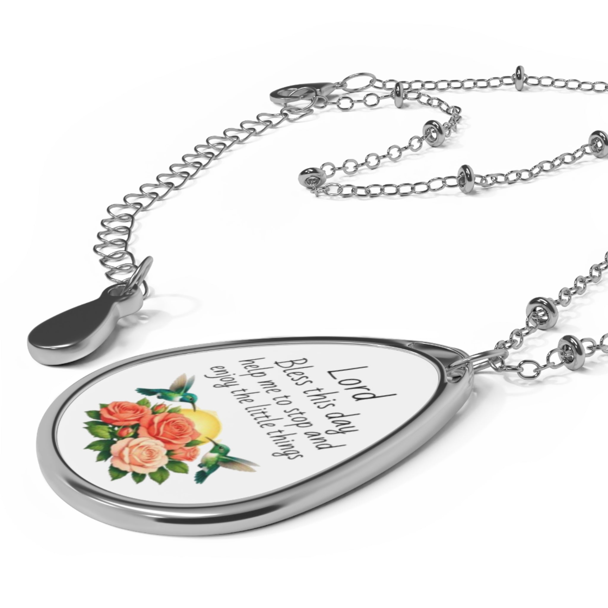 Oval Prayer Pendant Necklace — "Lord Bless this day" Floral Teardrop Necklace