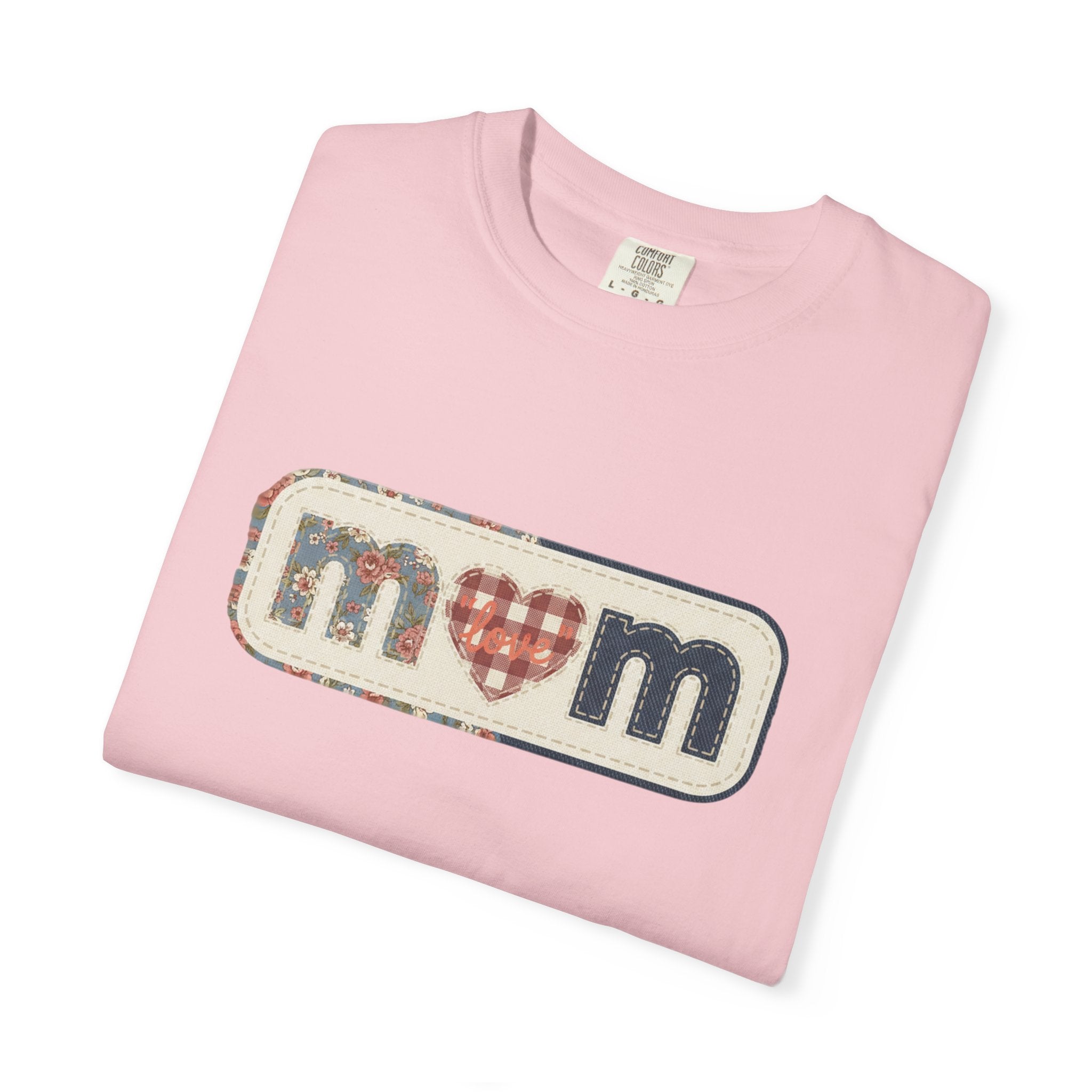 Mom  Faux Patch T-Shirt —Faux Plaid Heart Vintage Mom Tee