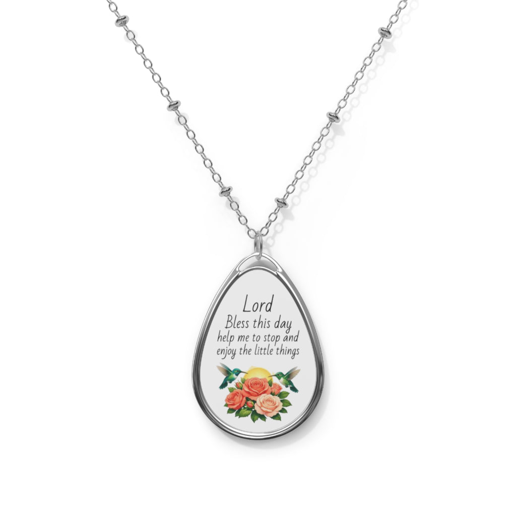 Oval Prayer Pendant Necklace — "Lord Bless this day" Floral Teardrop Necklace