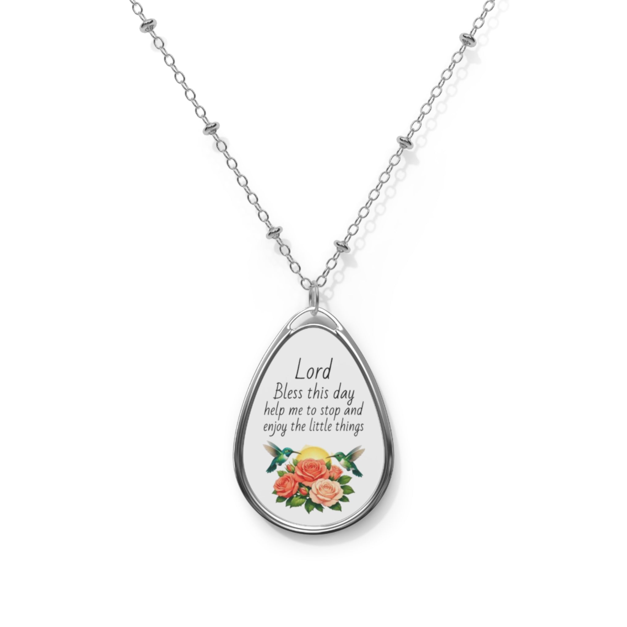 Oval Prayer Pendant Necklace — "Lord Bless this day" Floral Teardrop Necklace