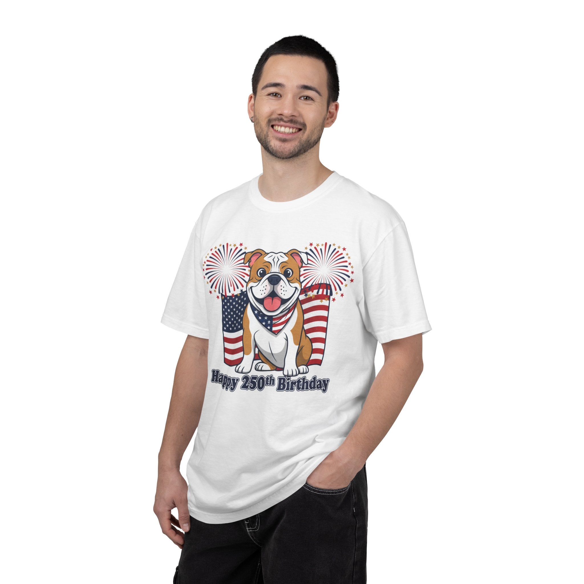 Patriotic Bulldog T-Shirt — “Happy 250th Birthday” American Flag Fireworks Tee