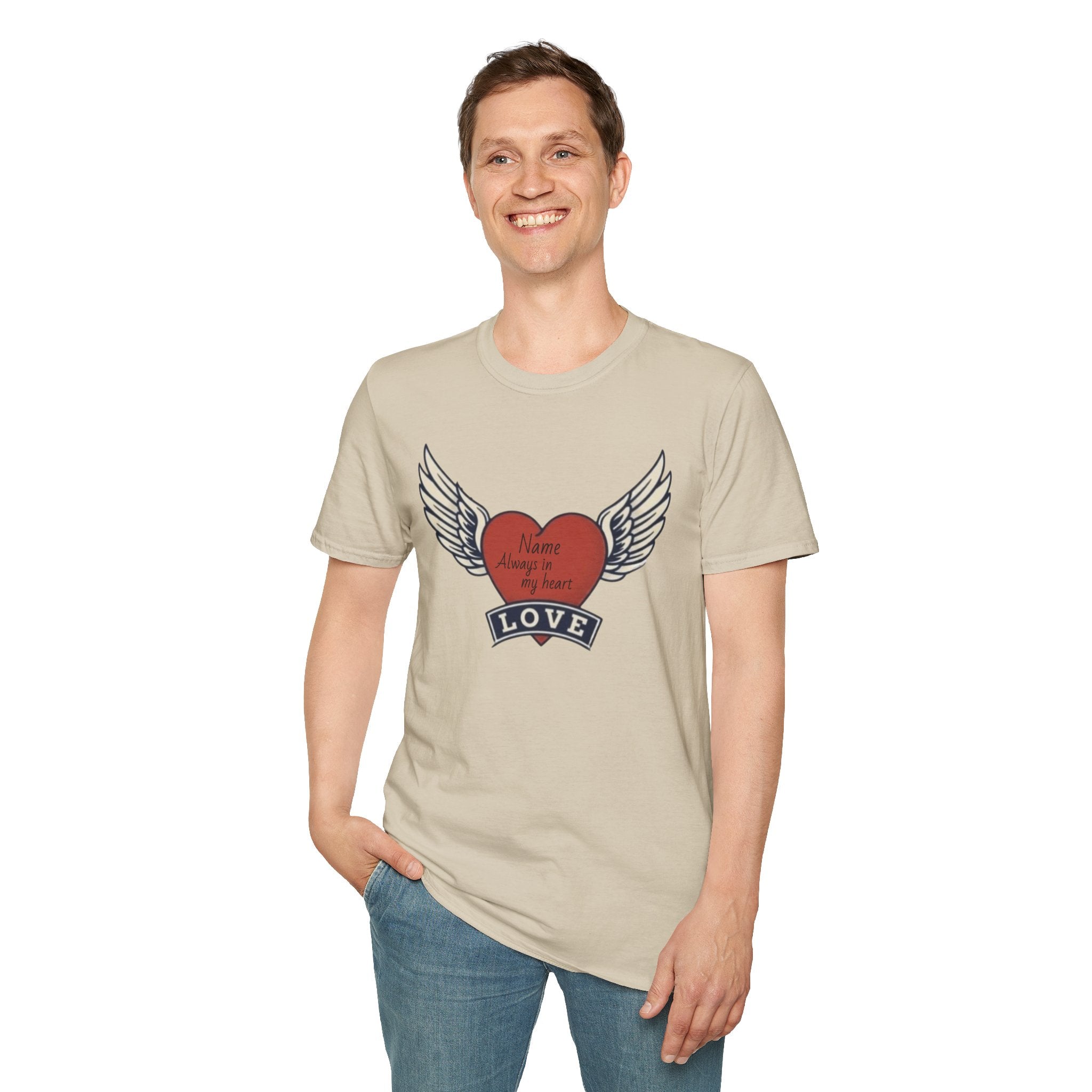 Memorial Heart Wings T-Shirt — Personalized 'Love, Remember' with Name & Date