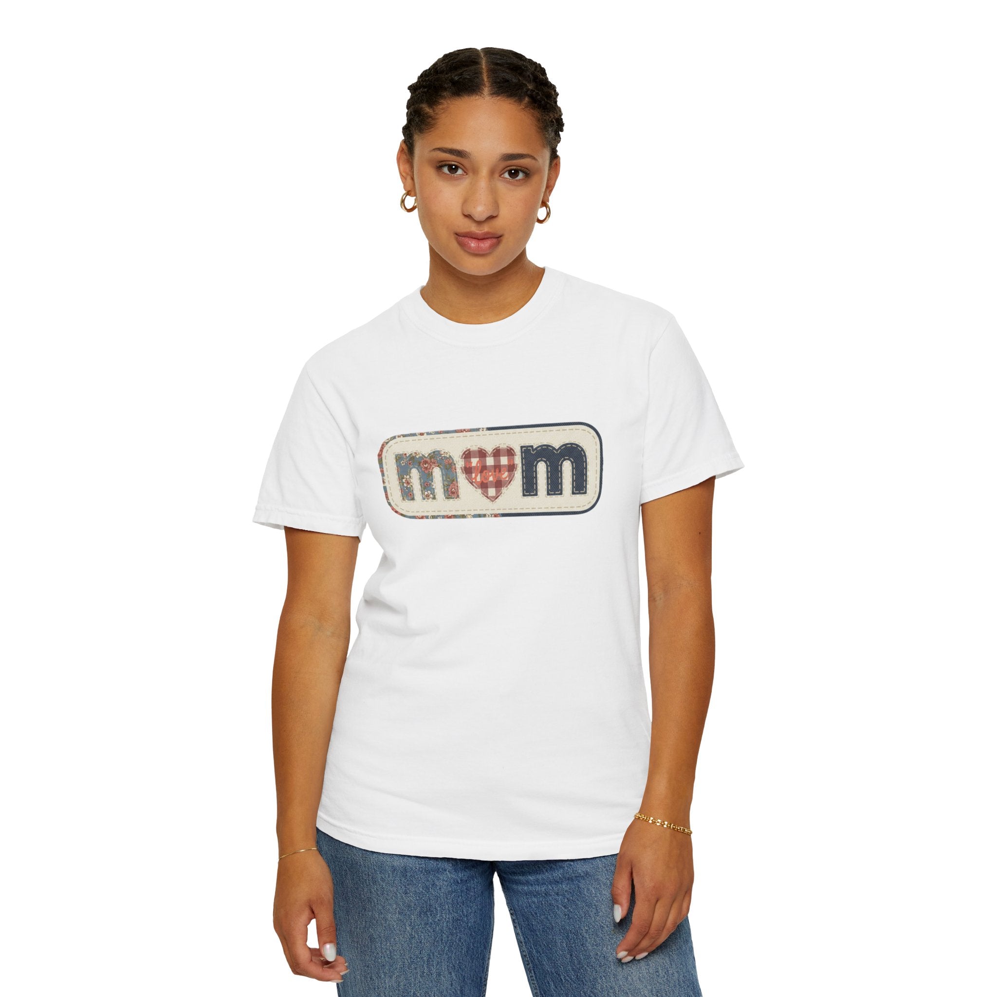 Mom  Faux Patch T-Shirt —Faux Plaid Heart Vintage Mom Tee
