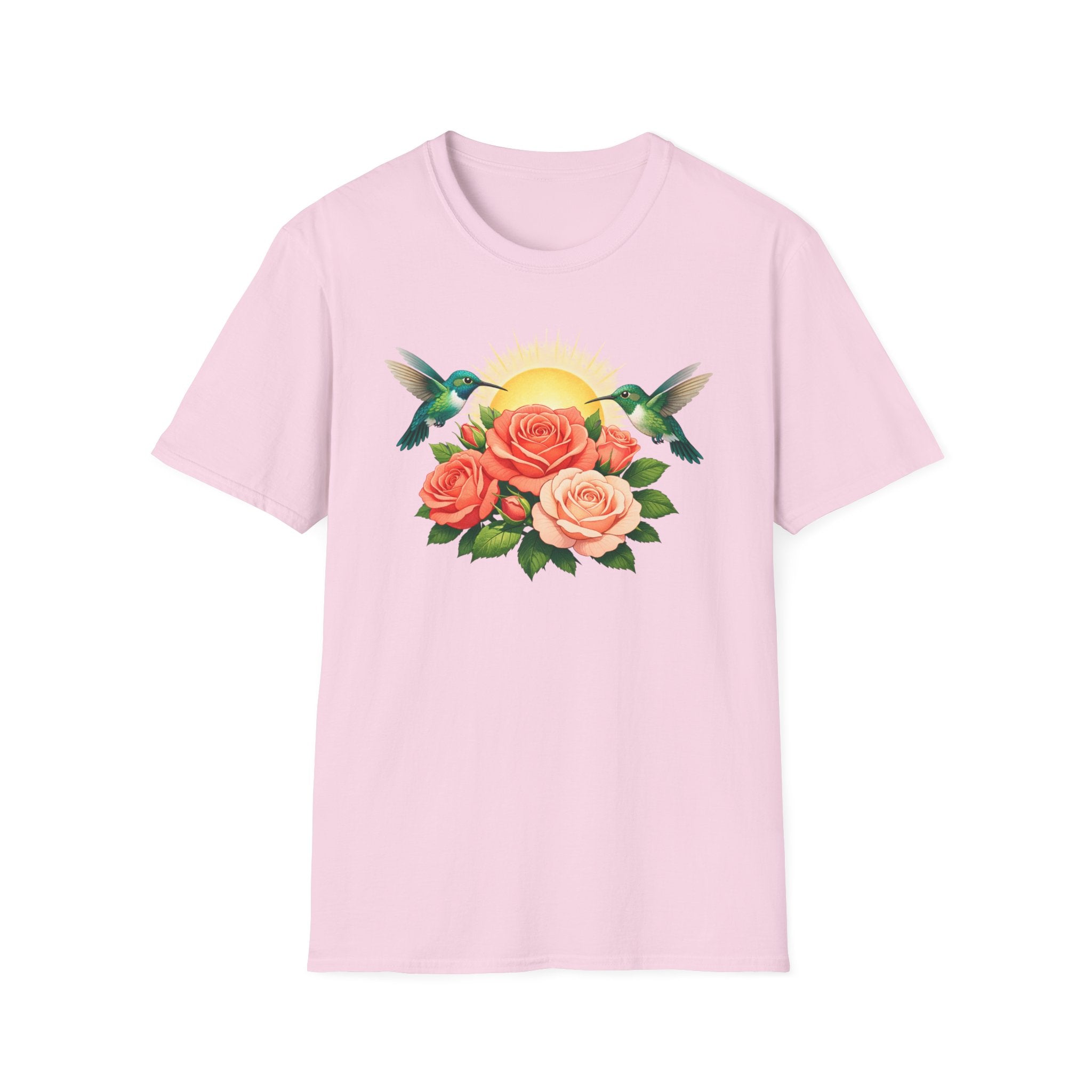 Floral Sunrise T-Shirt — Hummingbirds & Roses Graphic Tee