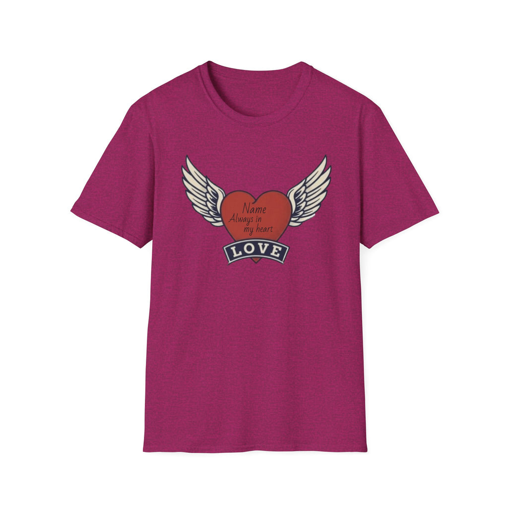 Memorial Heart Wings T-Shirt — Personalized 'Love, Remember' with Name & Date