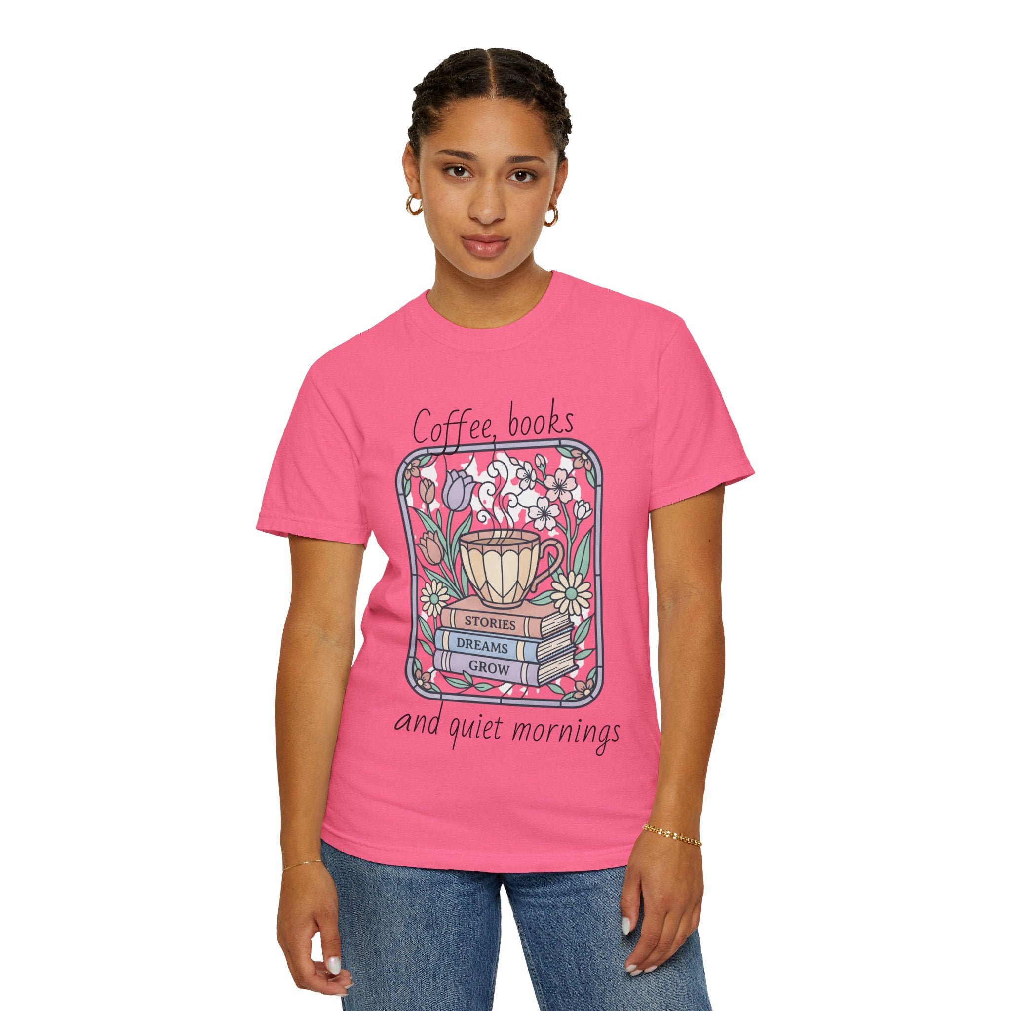 Coffee & Books Morning T-Shirt — Pastel Quiet Mornings Tee