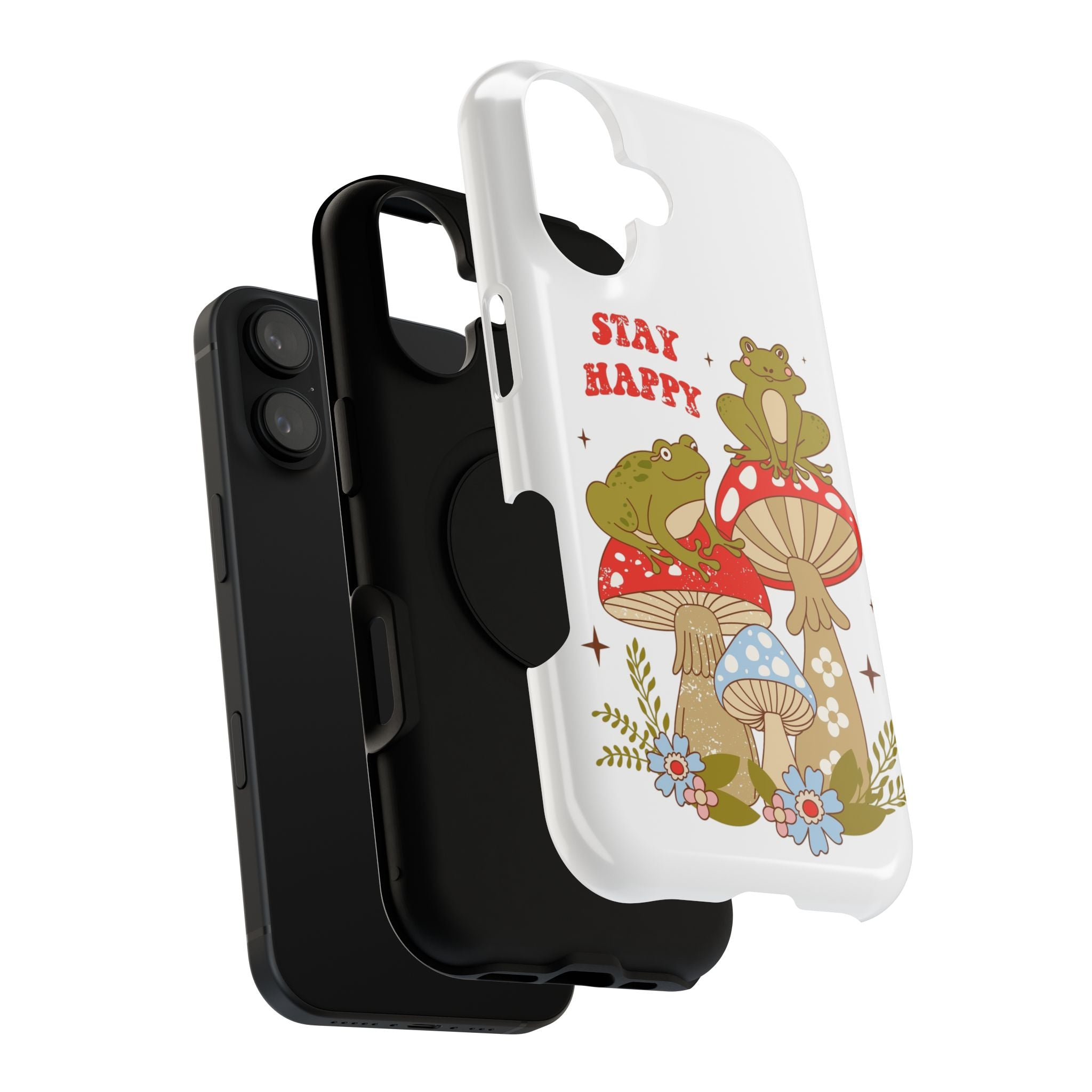iPhone 17 Phone Case 'Stay Happy' Frogs on Mushrooms Impact-Resistant Case