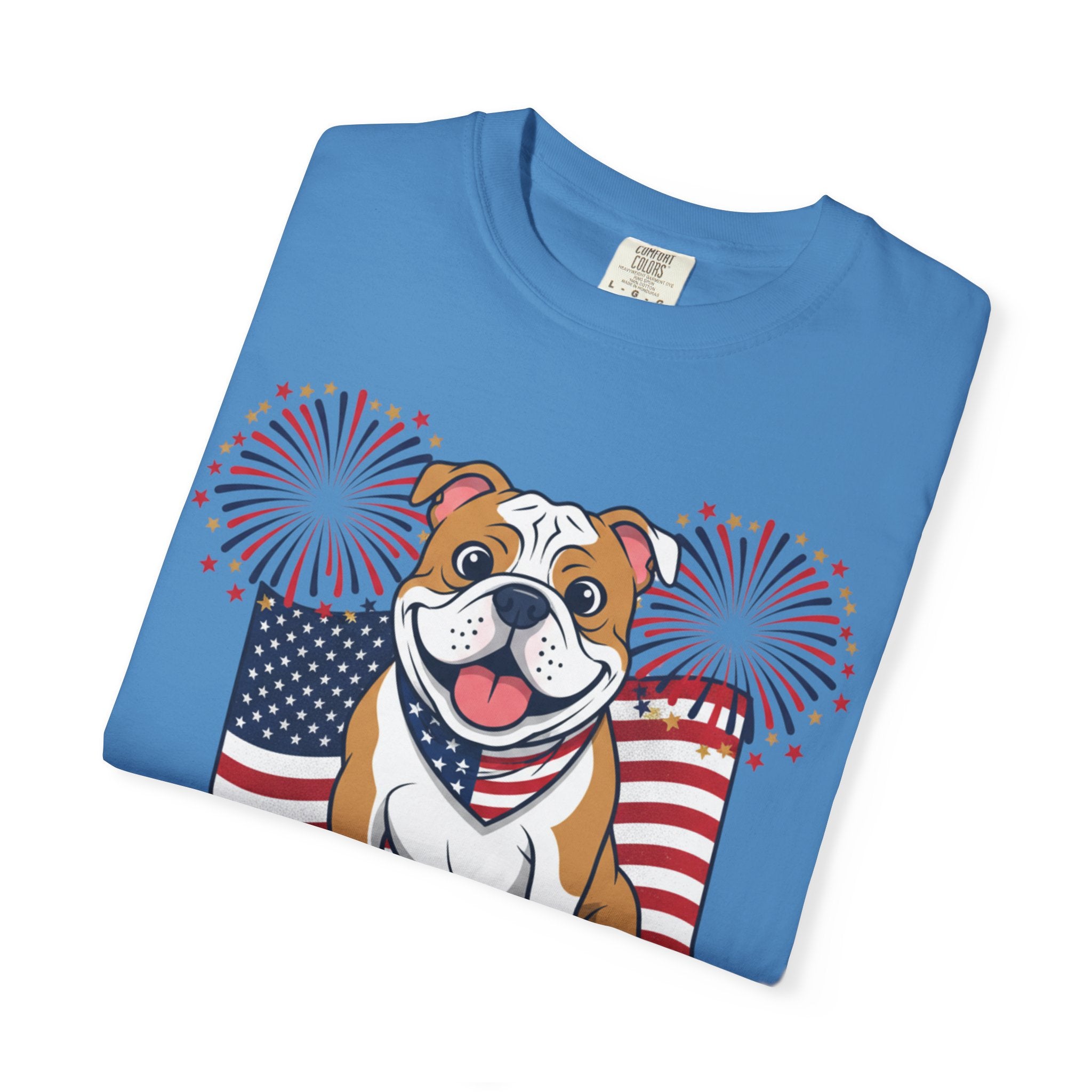 Patriotic Bulldog T-Shirt — “Happy 250th Birthday” American Flag Fireworks Tee