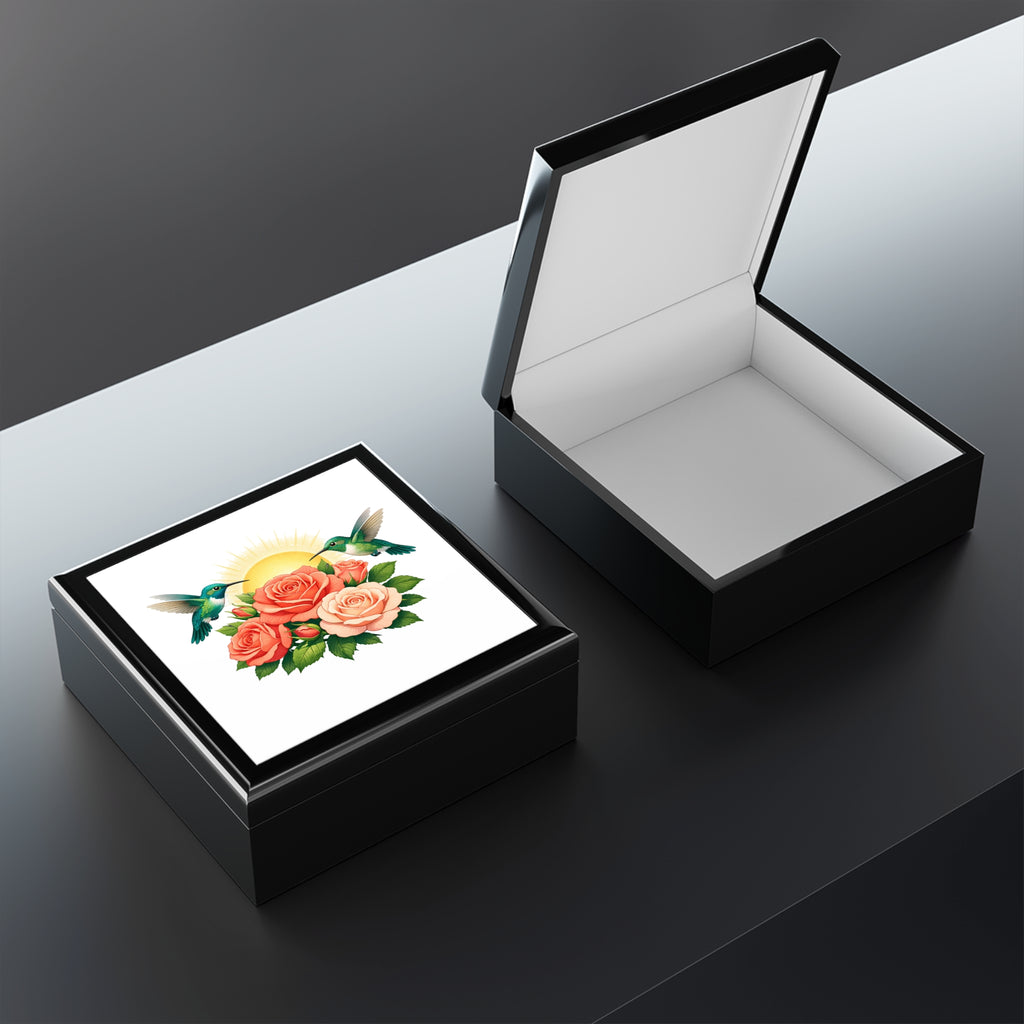 Sun & Peach Roses Jewelry Box with Hummingbird Motif