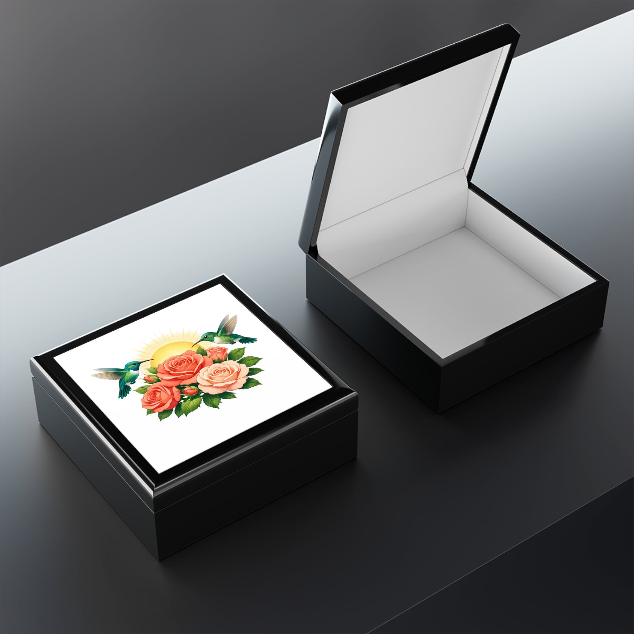 Sun & Peach Roses Jewelry Box with Hummingbird Motif