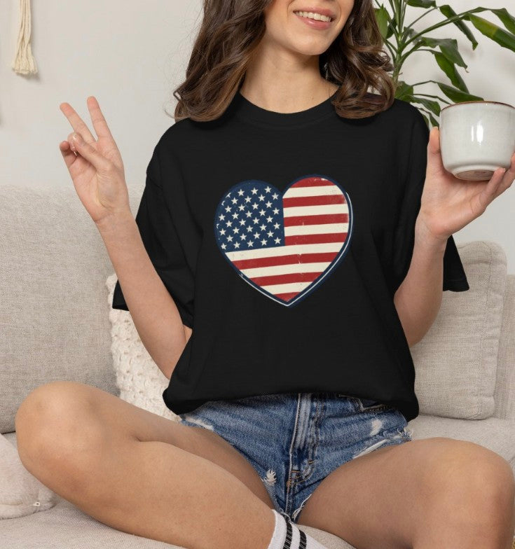 American Heart Flag T-Shirt, Heart Shaped USA Flag Tee